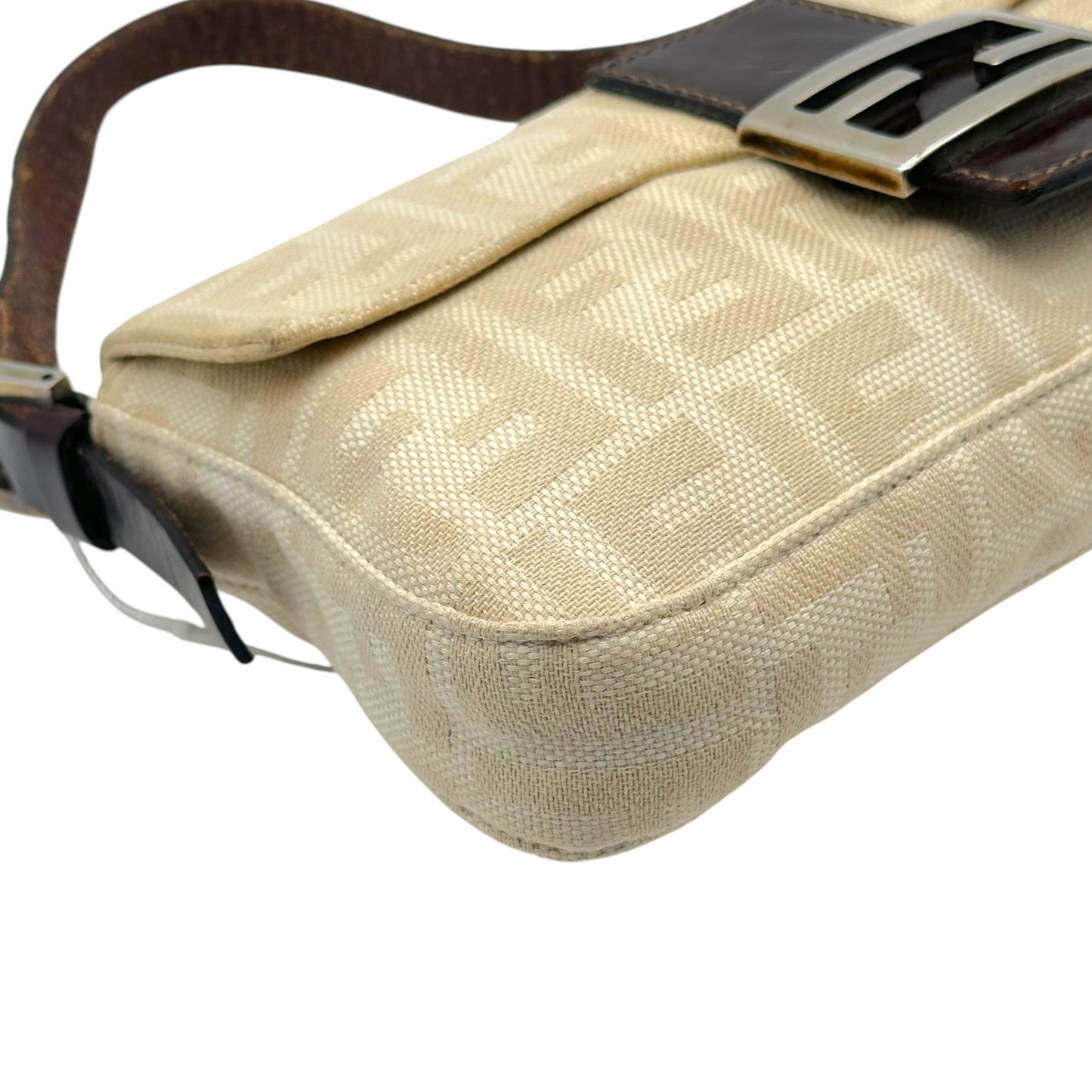 Fendi Ivory Zucca & Brown Leather Baguette Bag