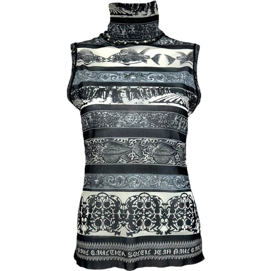 Jean Paul Gaultier Soleil Fishbone Printed Sheer Mesh Sleeveless Turtleneck Top - Outfit Repeater
