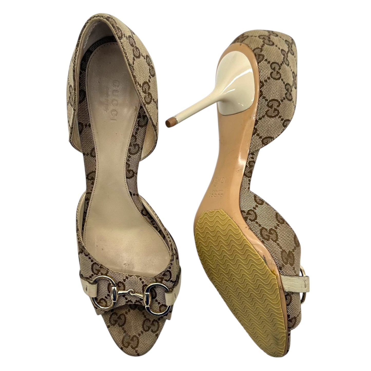 Gucci Tan Monogram Horsebit D'Orsay Heels