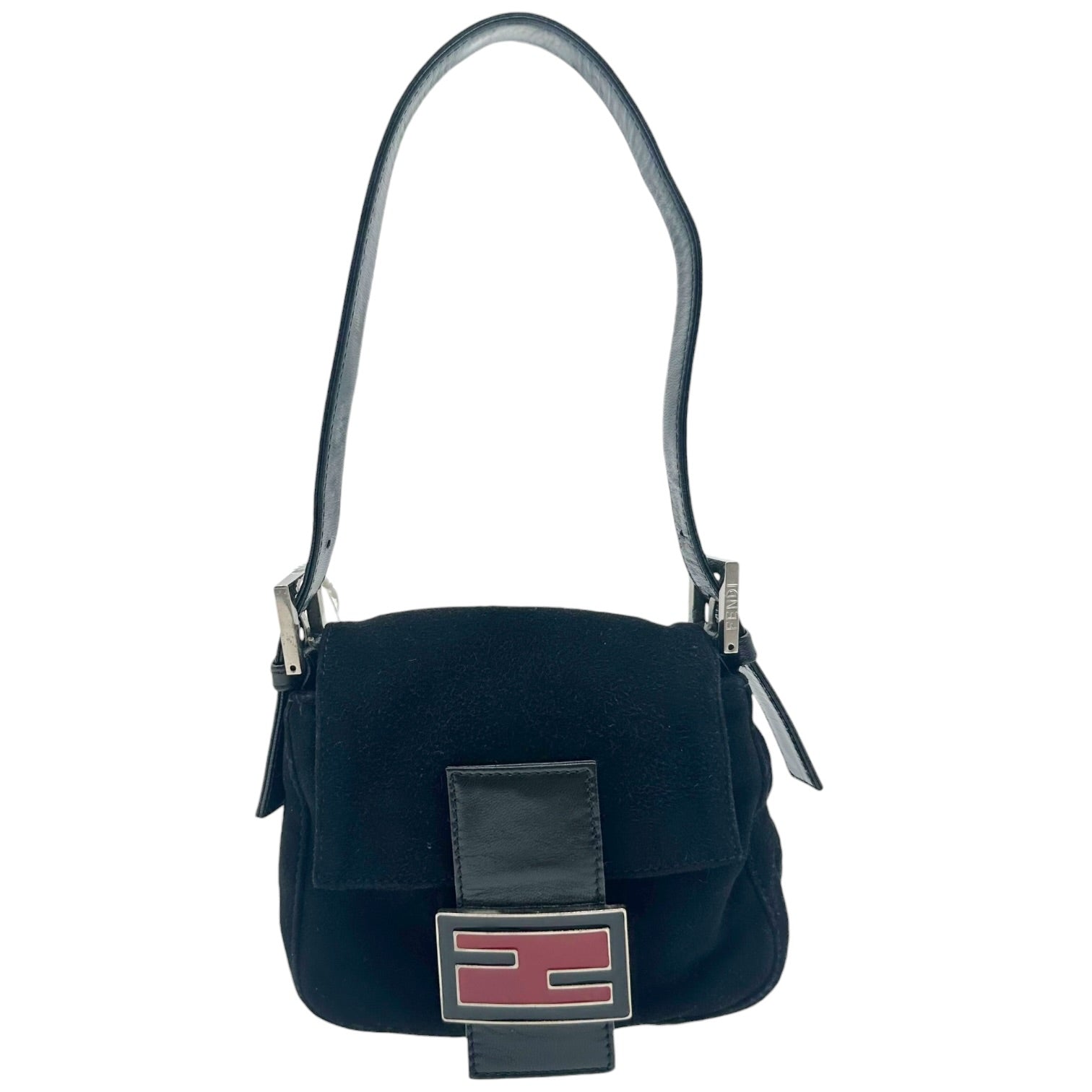 Fendi Black Suede Mini Baguette Bag with Red Buckle