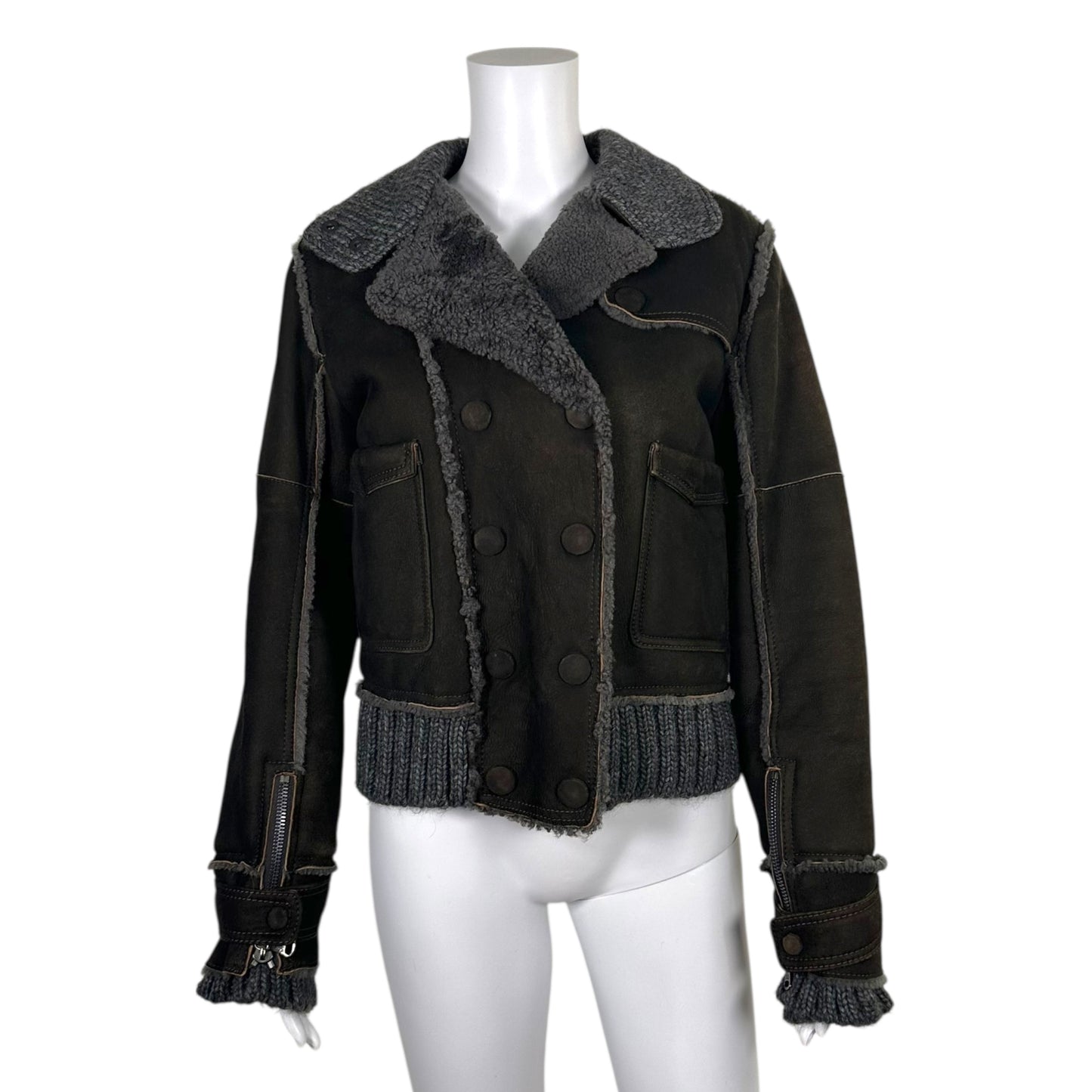 D&G Dolce & Gabbana Brown & Gray Shearling Knit Trim Jacket