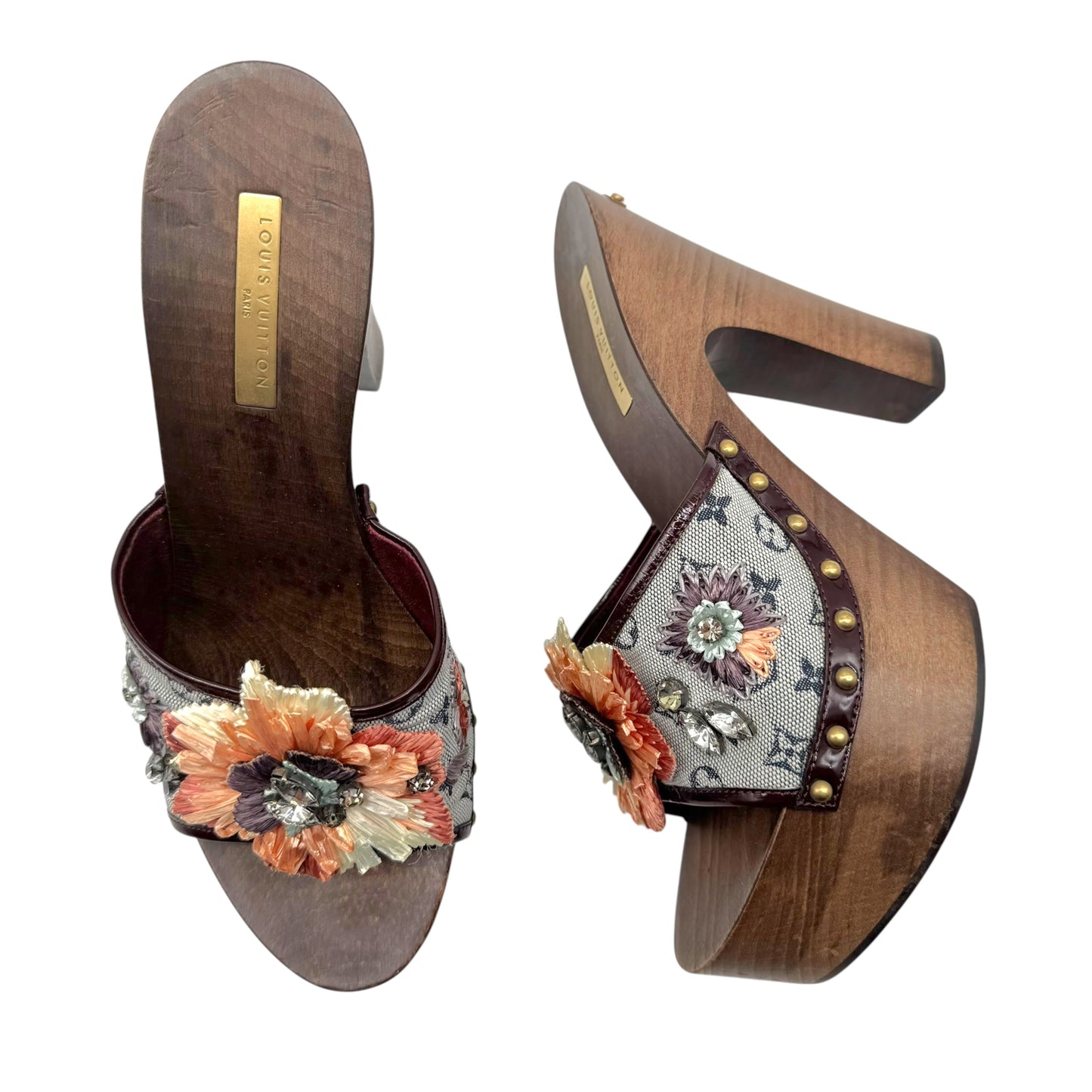 Louis Vuitton Lin Monogram & Sequin Raffia Flower Wooden Platform Heel Mules