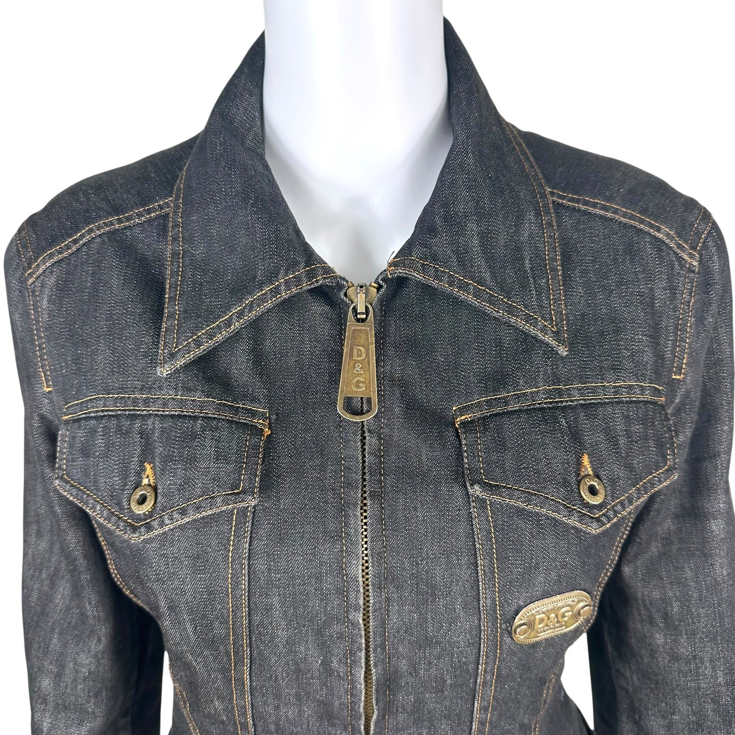 D&G Dolce & Gabbana Plaid Lined Cropped Dark Denim Jacket