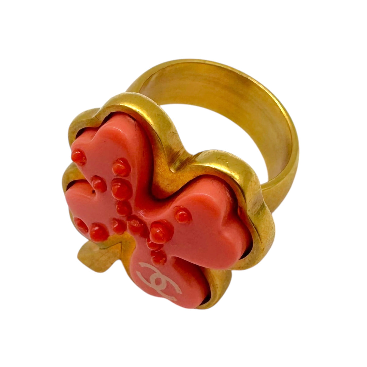 Chanel Four Leaf Clover Logo Ring Pink Gold Size 6