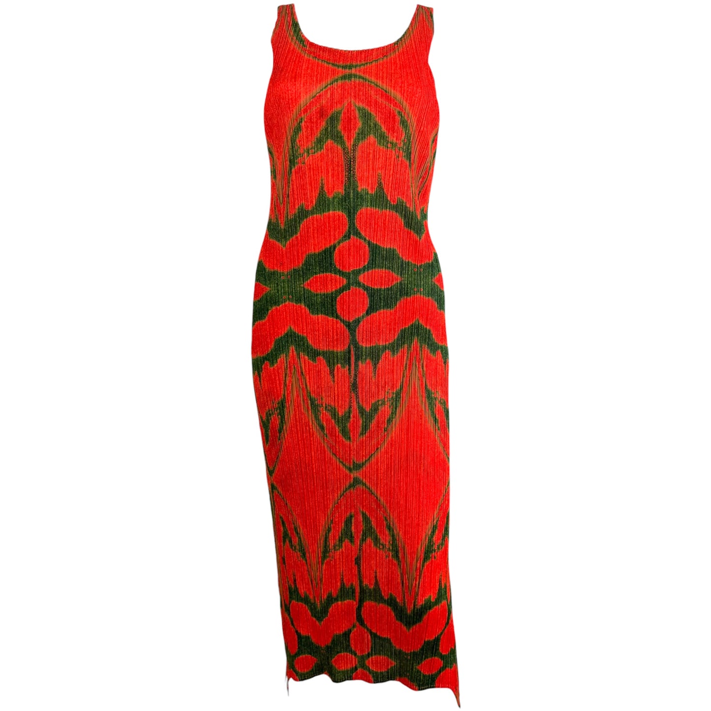 Issey Miyake Pleats Please Red & Green Patterned Pleated Maxi Dress Sz 3