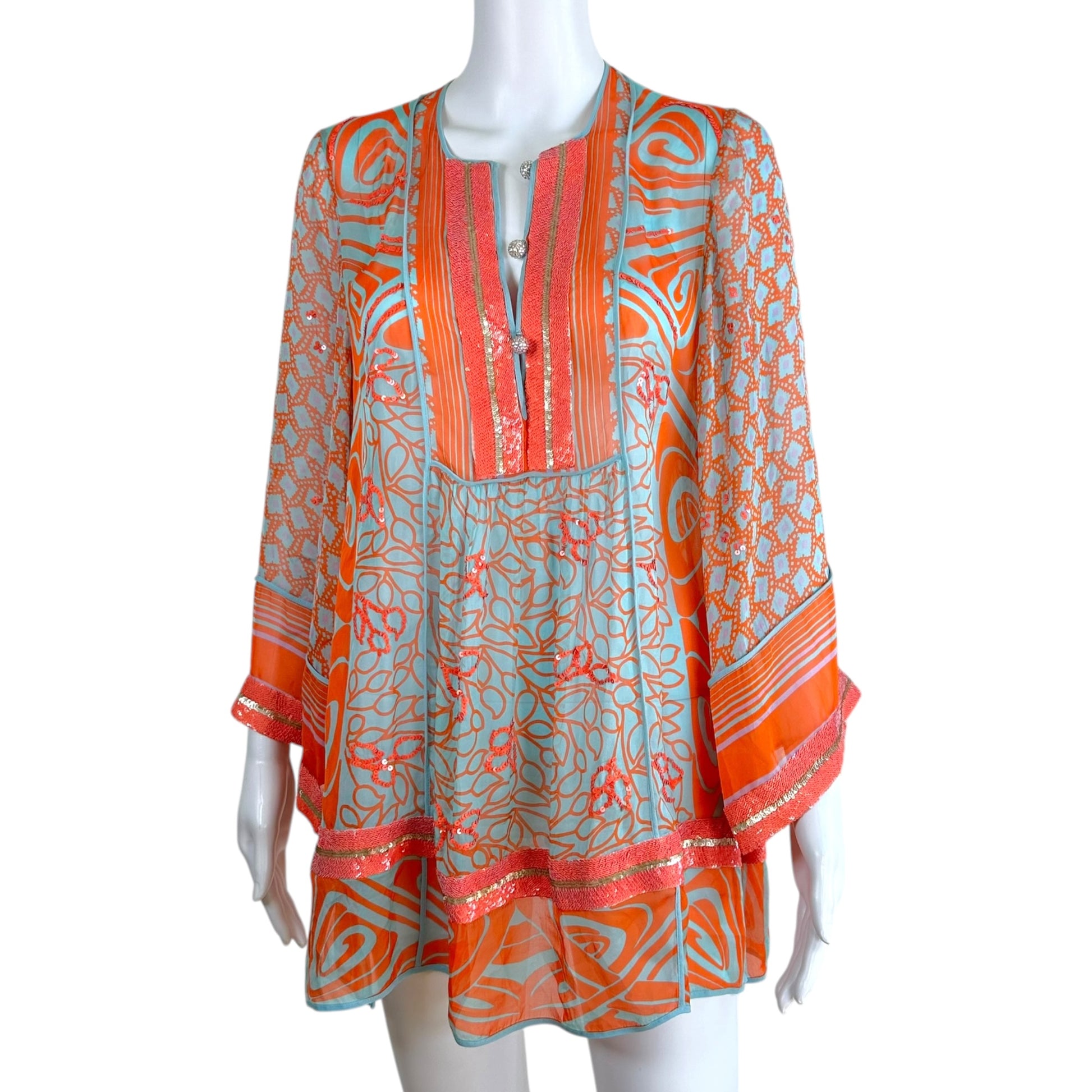 Blumarine Mini Dress Orange Turquoise Sequin Silk Sheer