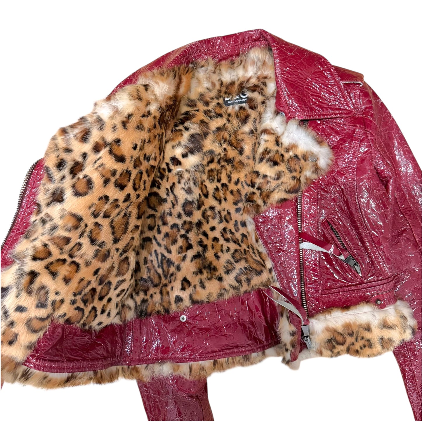 D&G Dolce & Gabbana Red Distressed Patent Leopard Rabbit Fur Lined Crop Moto Jacket