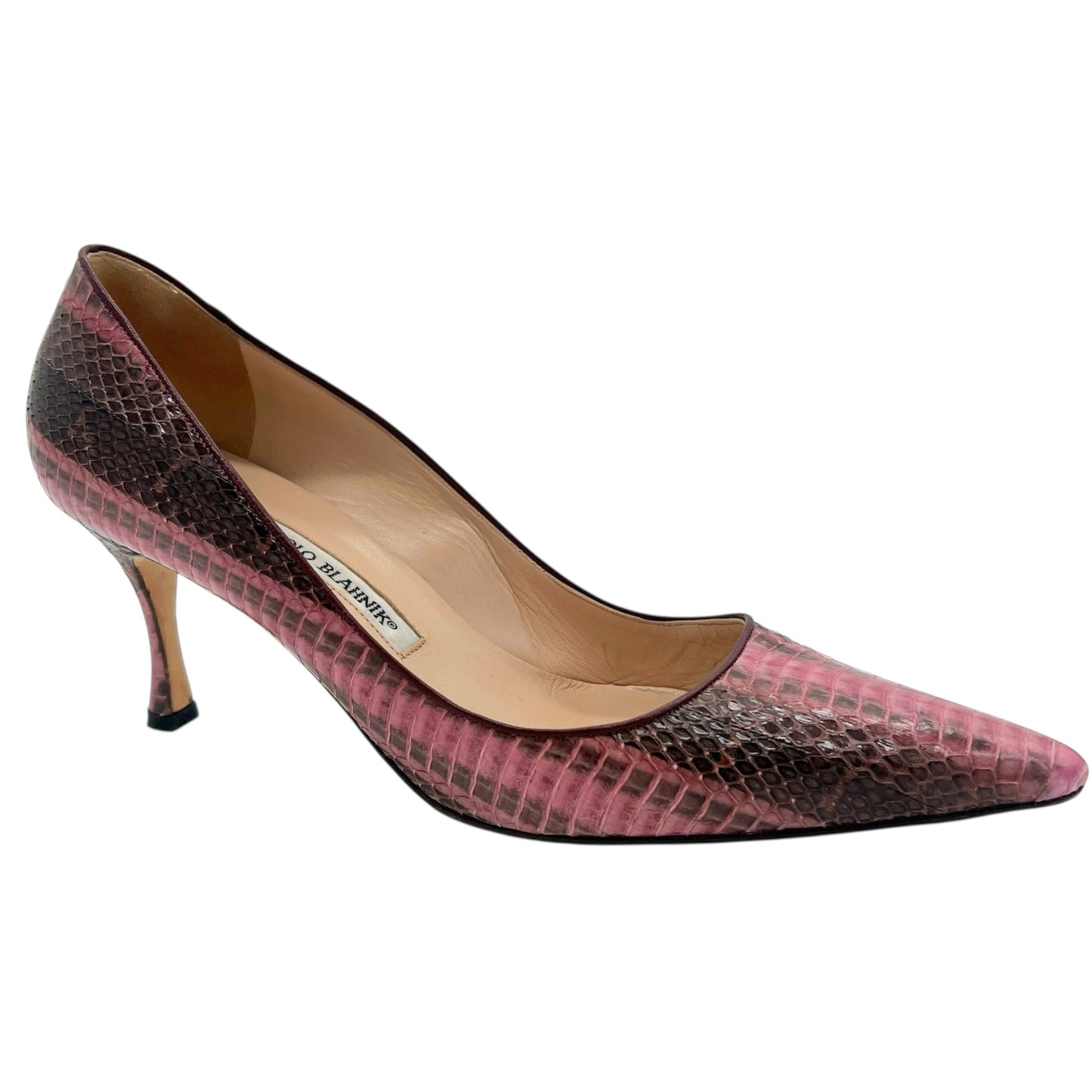 Manolo Blahnik Pink & Black Snakeskin Pointed Toe Heels - Outfit Repeater