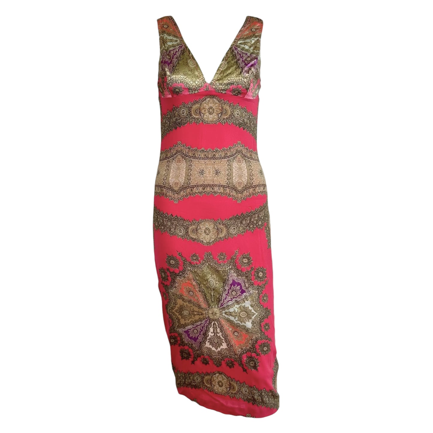 Roberto Cavalli 2004 Pink & Gold Printed Silk Midi Dress
