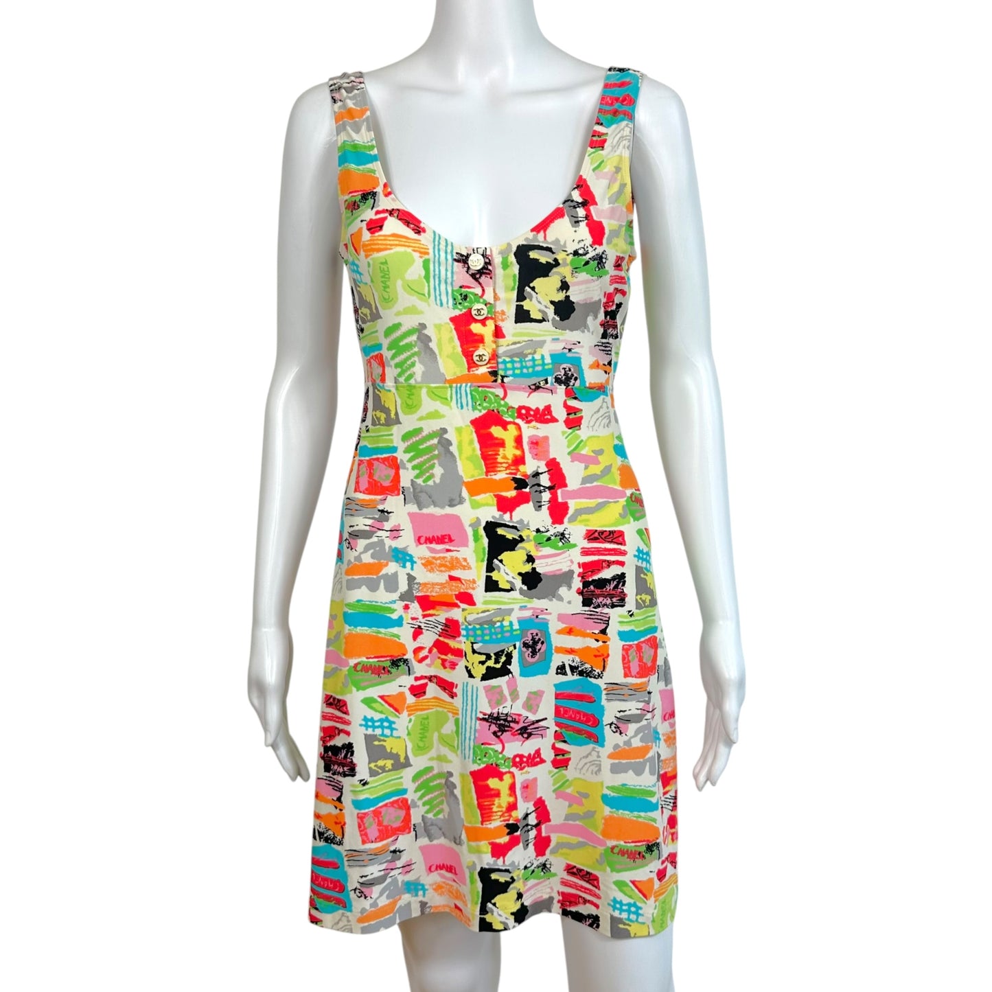 Chanel Cruise 1997 Multicolor Watercolor Logo Graffiti Print Mini Dress