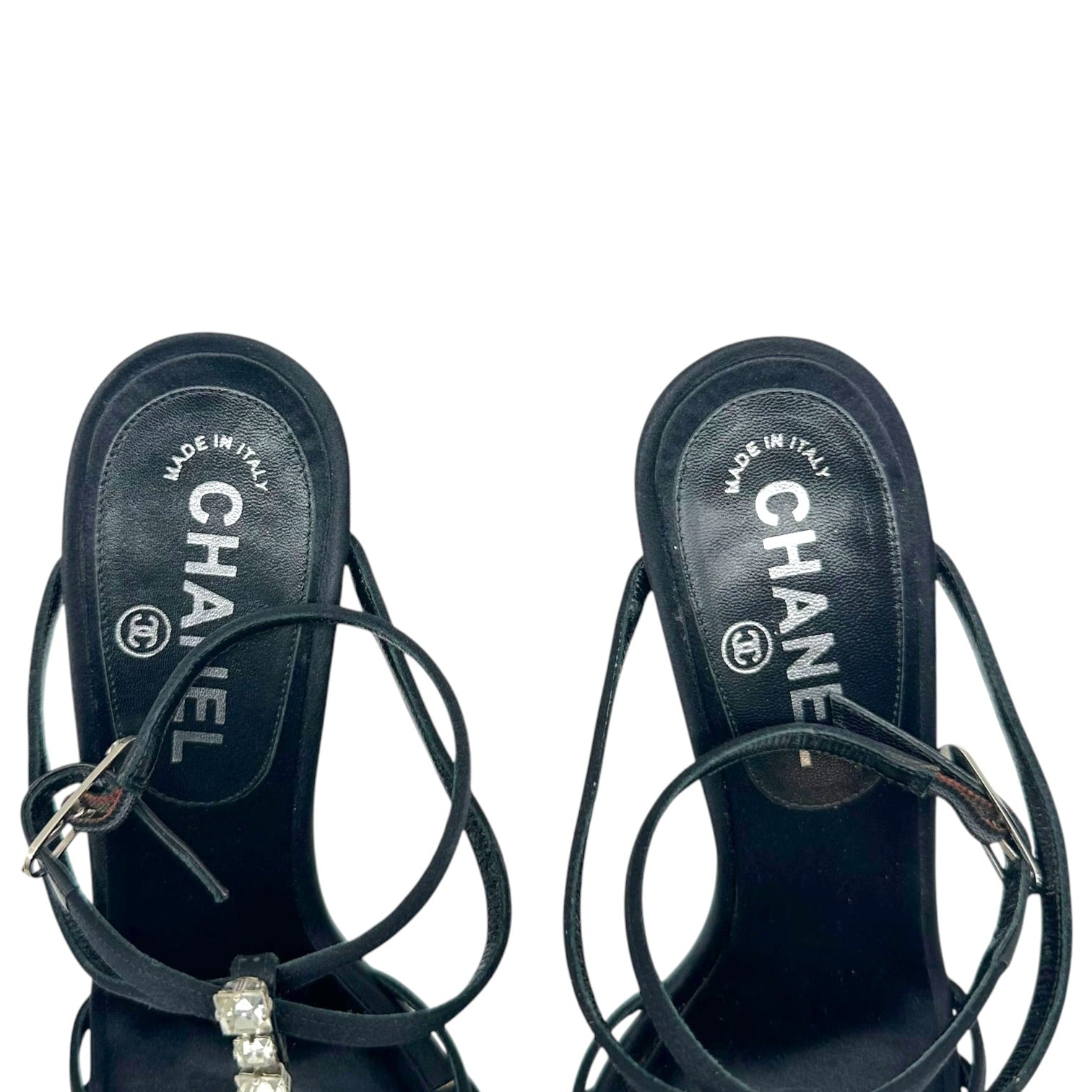 Chanel Black Silk Strappy Heels With Crystal Embellishments