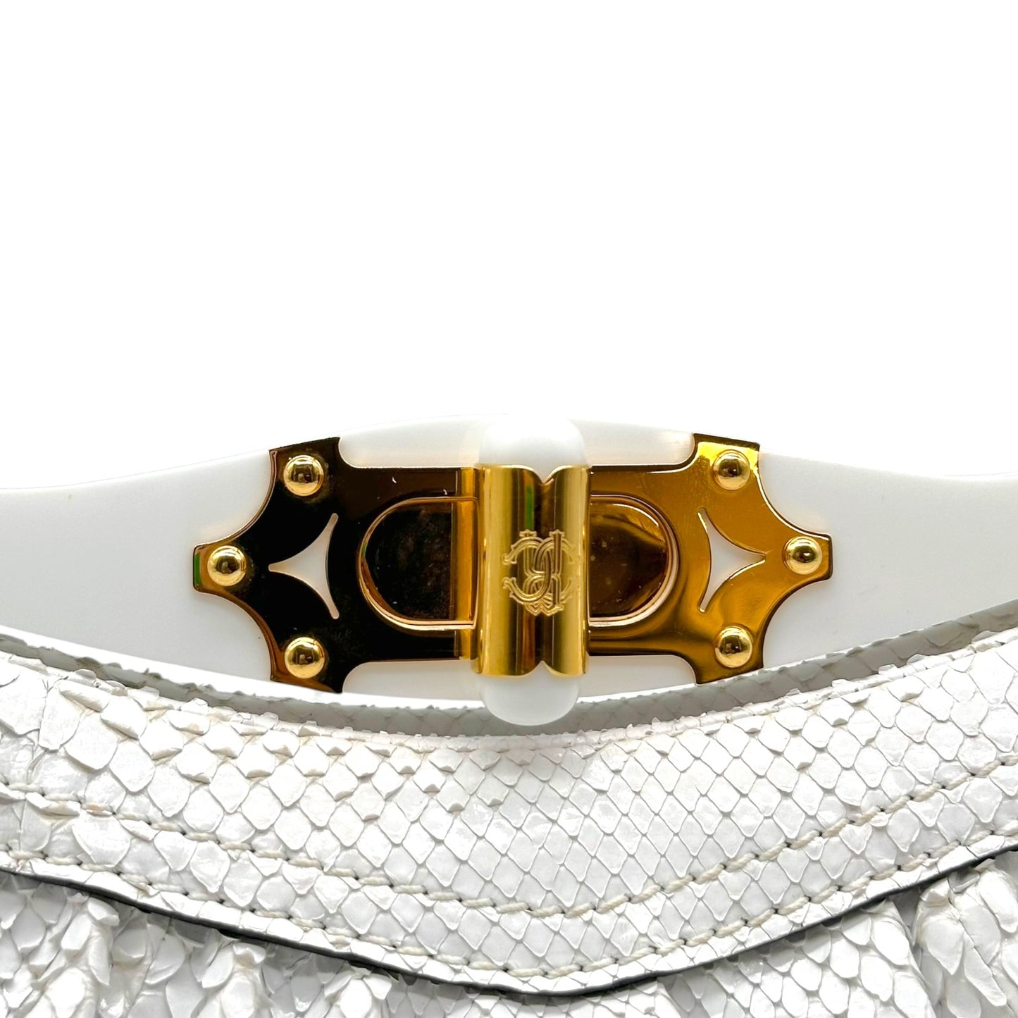 Roberto Cavalli White Python Gold Detail Clutch Bag