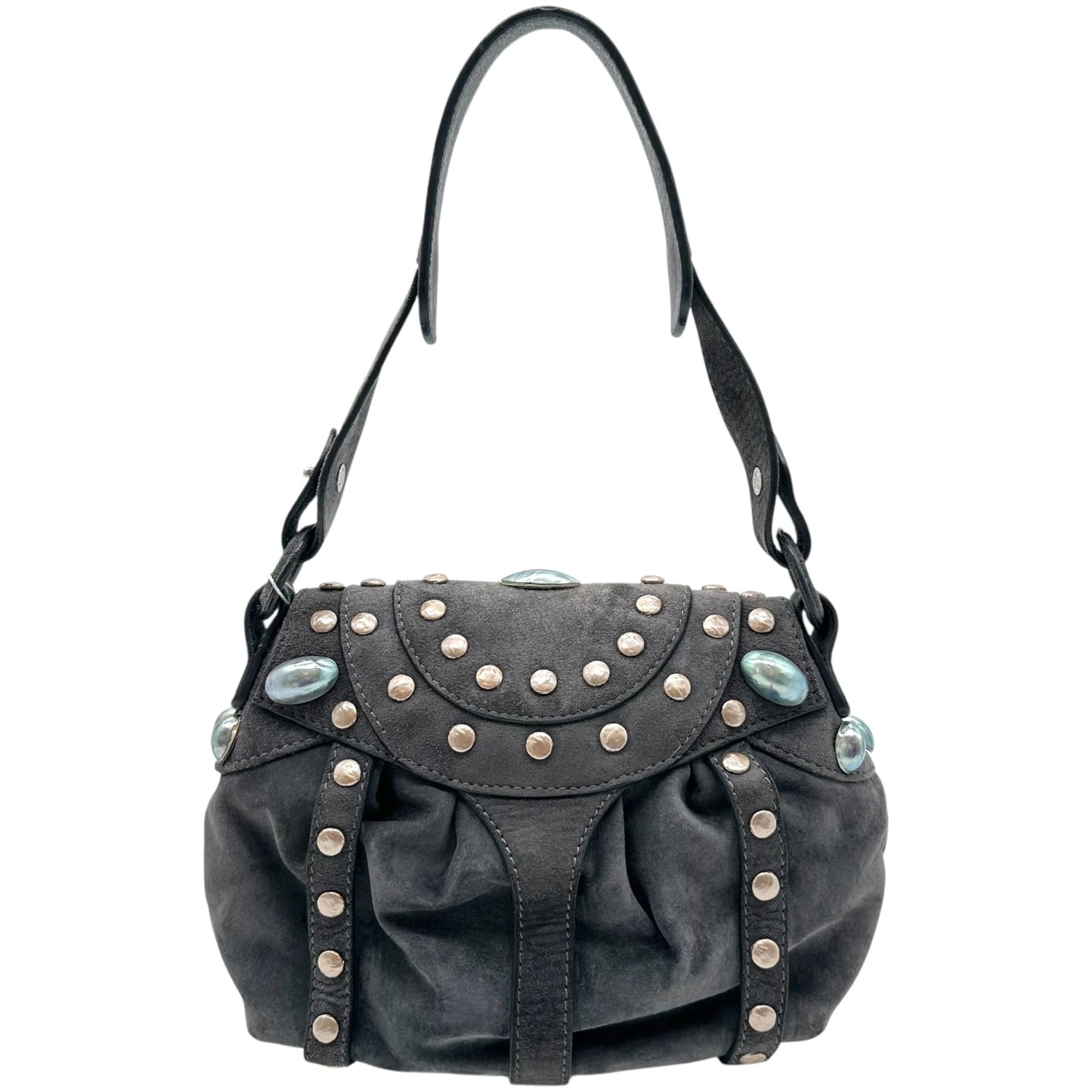 Loewe Gray Suede Pearl Studded Shoulder Bag