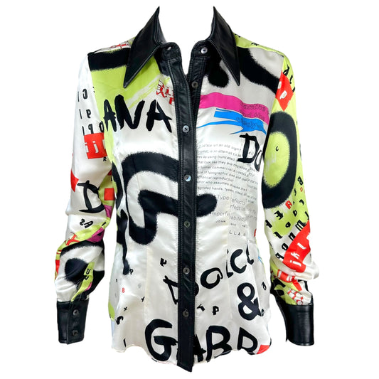 D&G Dolce & Gabbana Silk & Leather Printed Blouse Top