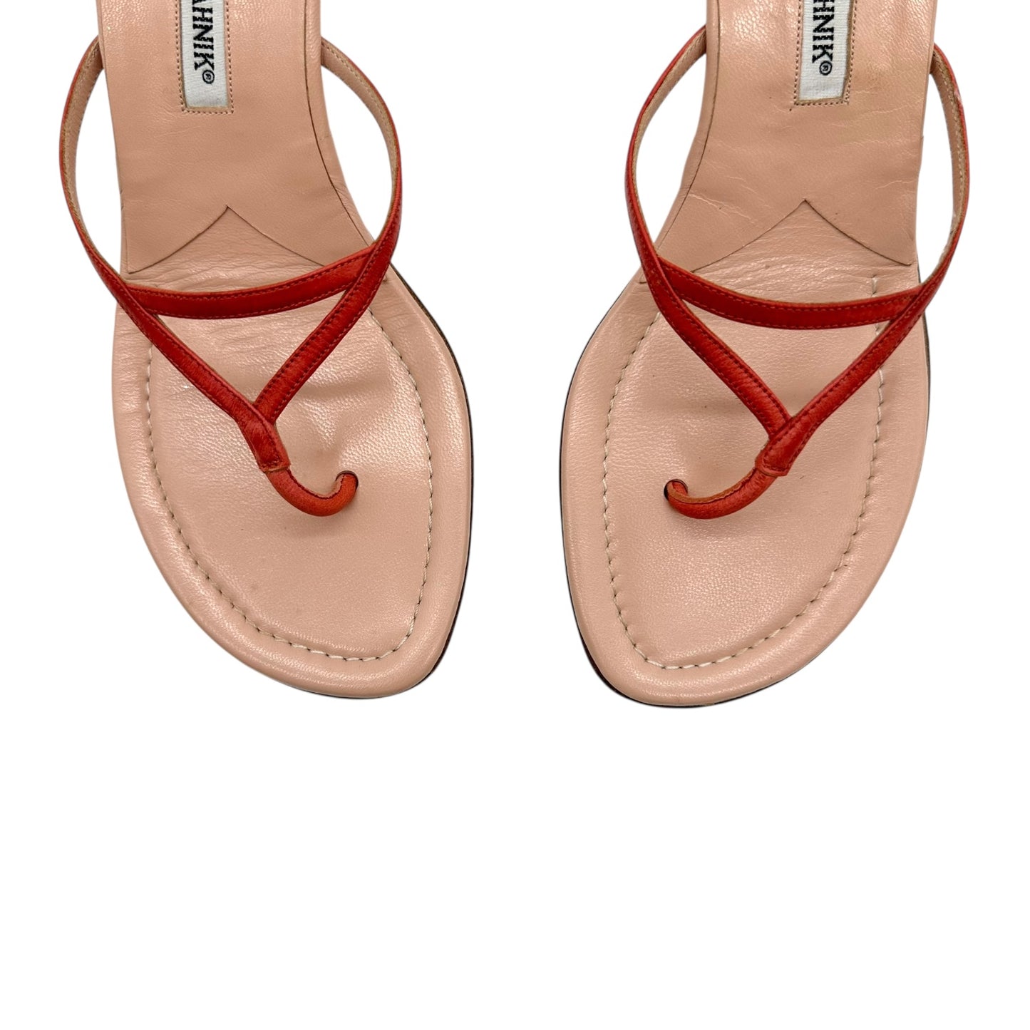 Manolo Blahnik Pink Leather Kitten Heel Flip Flops - Outfit Repeater