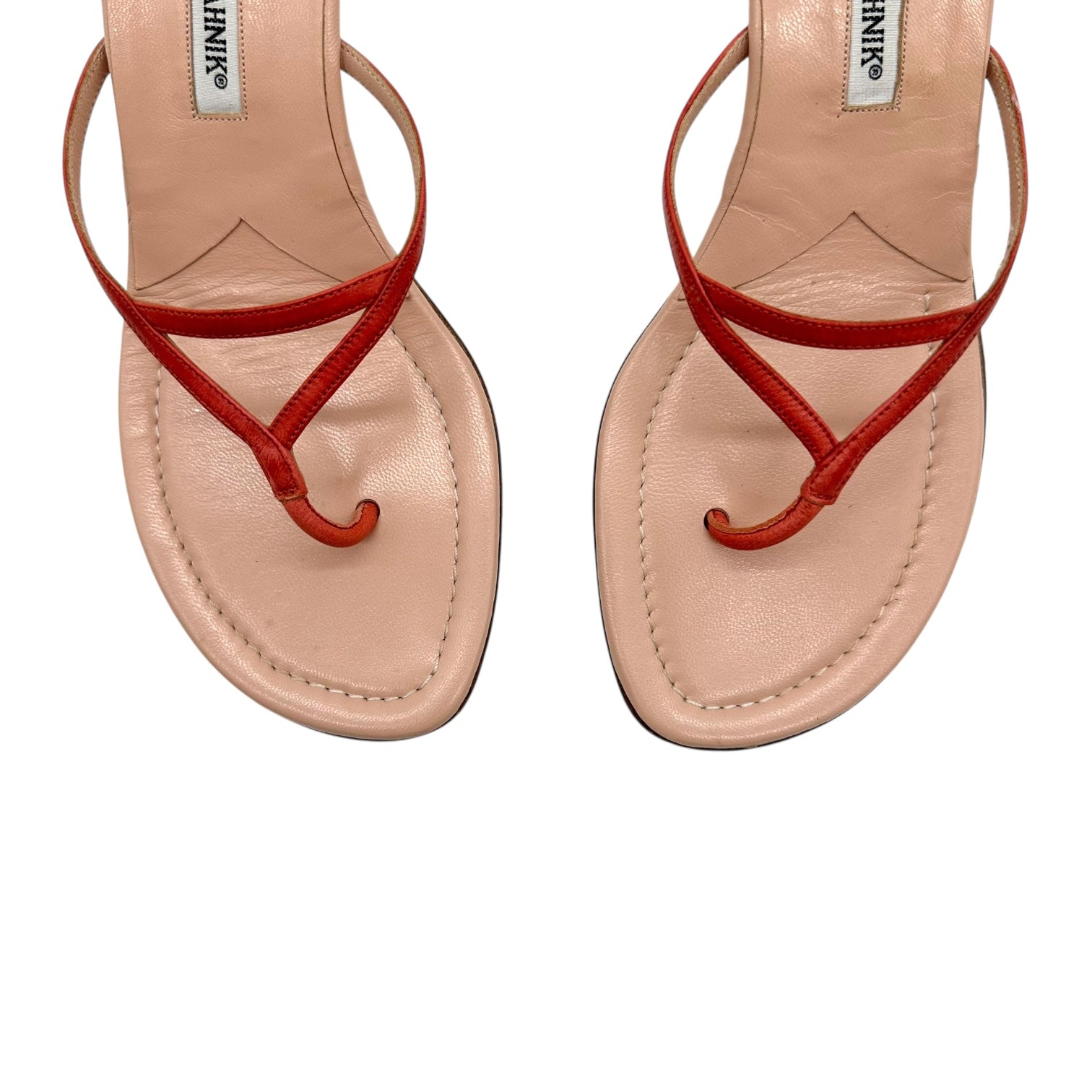 Manolo Blahnik Pink Leather Kitten Heel Flip Flops - Outfit Repeater
