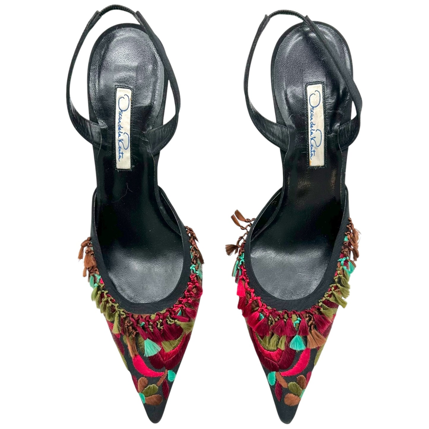 Oscar de la Renta Embroidered Floral & Tassle Slingback Heels