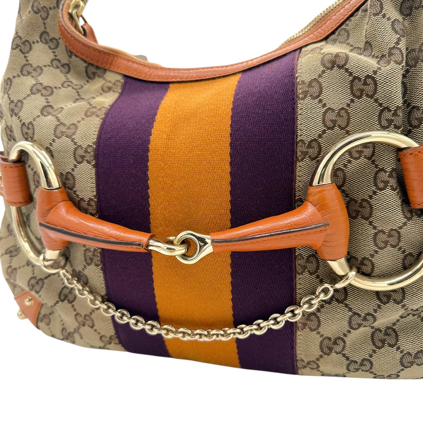Gucci Hobo Bag Tan Monogram Orange Purple Horsebit