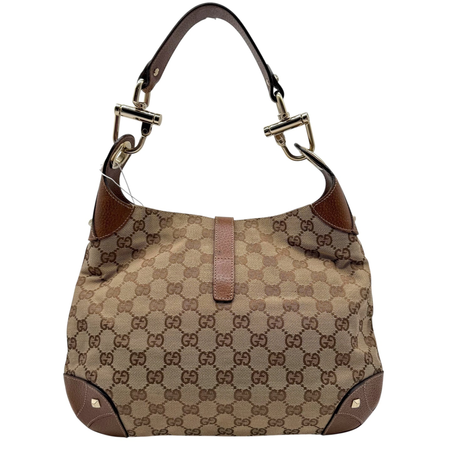 Gucci Tan Monogram & Brown Leather Piston Lock Shoulder Jackie Bag