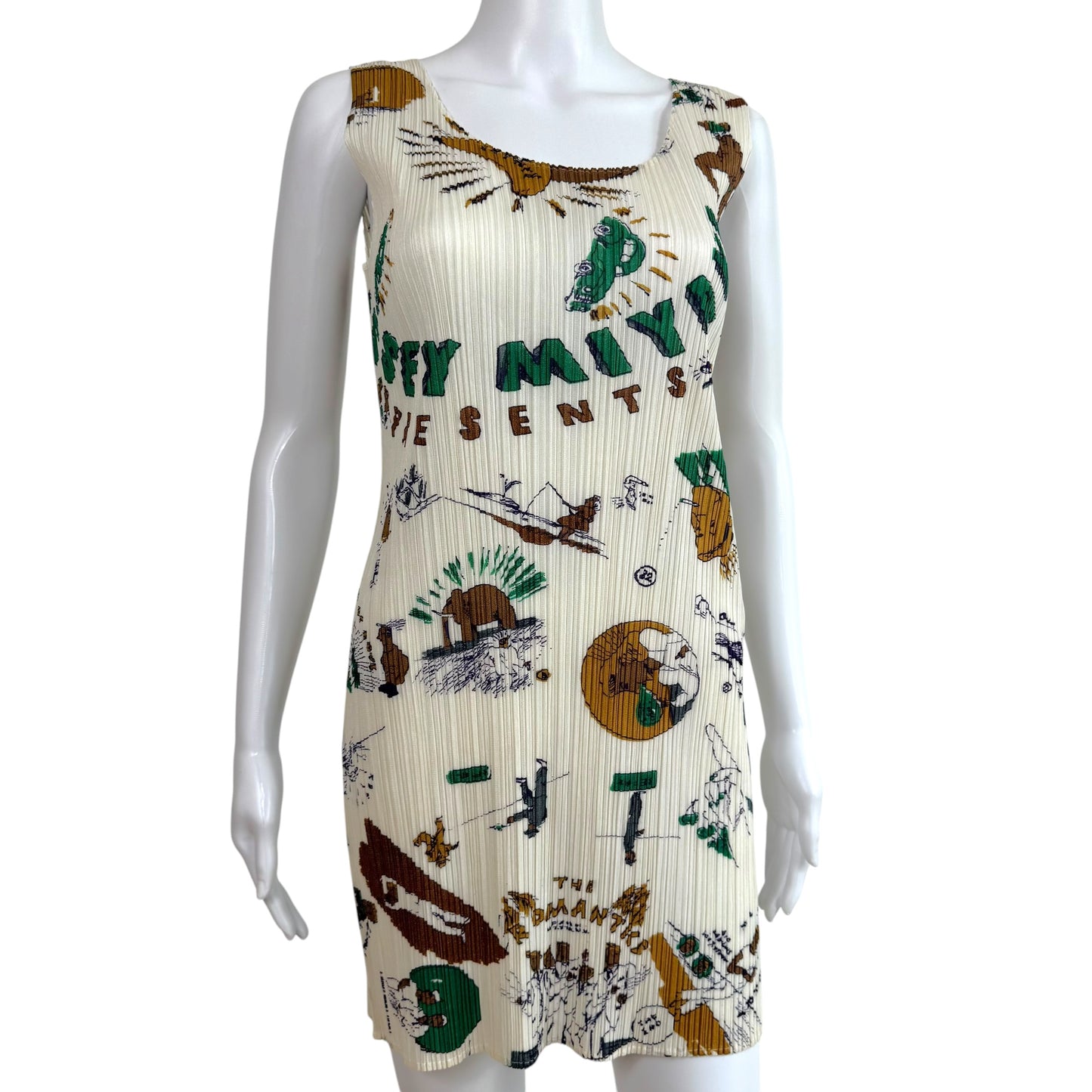 Issey Miyake Pleats Please x Terry Johnson White & Green Multicolor Doodle Print Pleated Mini Dress Sz 4