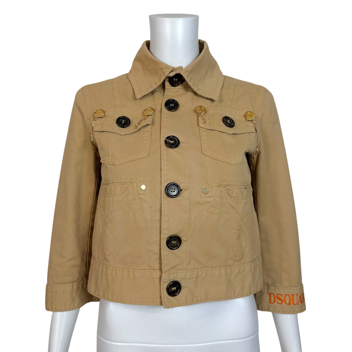 Dsquared2 Tan Logo Embroidered Charm Embellished Cropped 3/4 Sleeve Jacket
