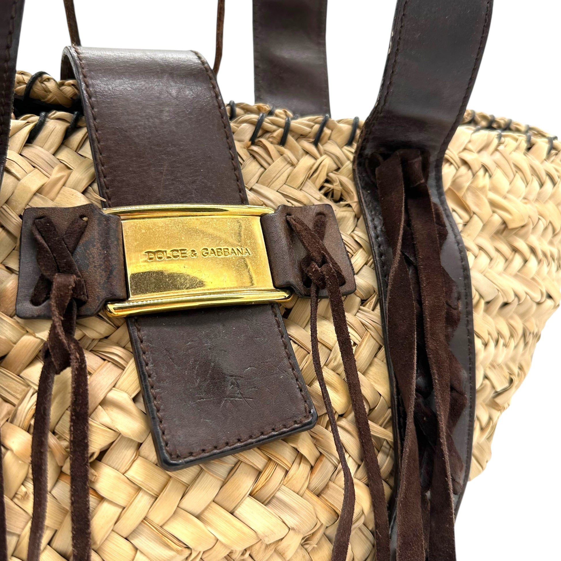 Dolce & Gabbana Brown Leather Trim Raffia Beach Tote Bag - Outfit Repeater