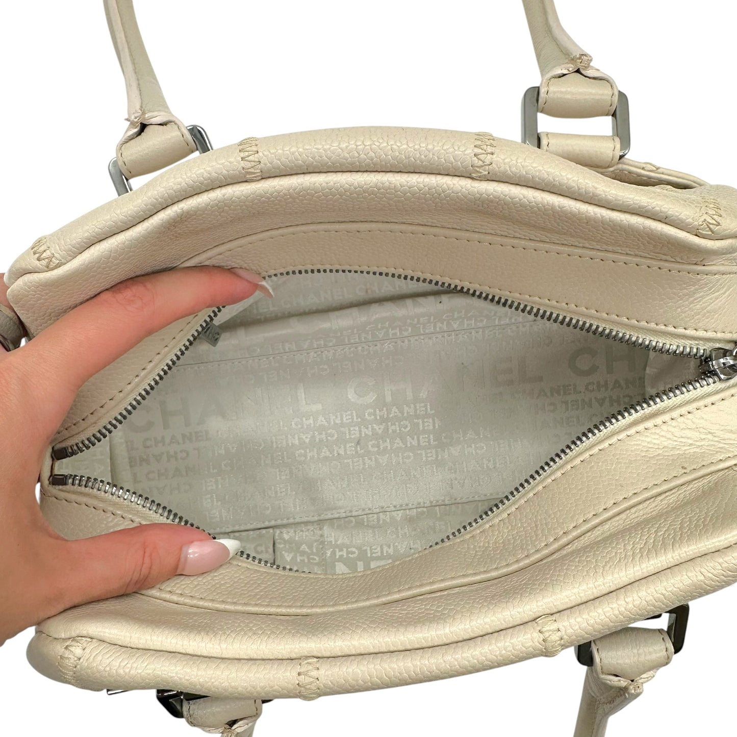 Chanel Ivory Caviar Leather Small Bowler Shoulder Bag