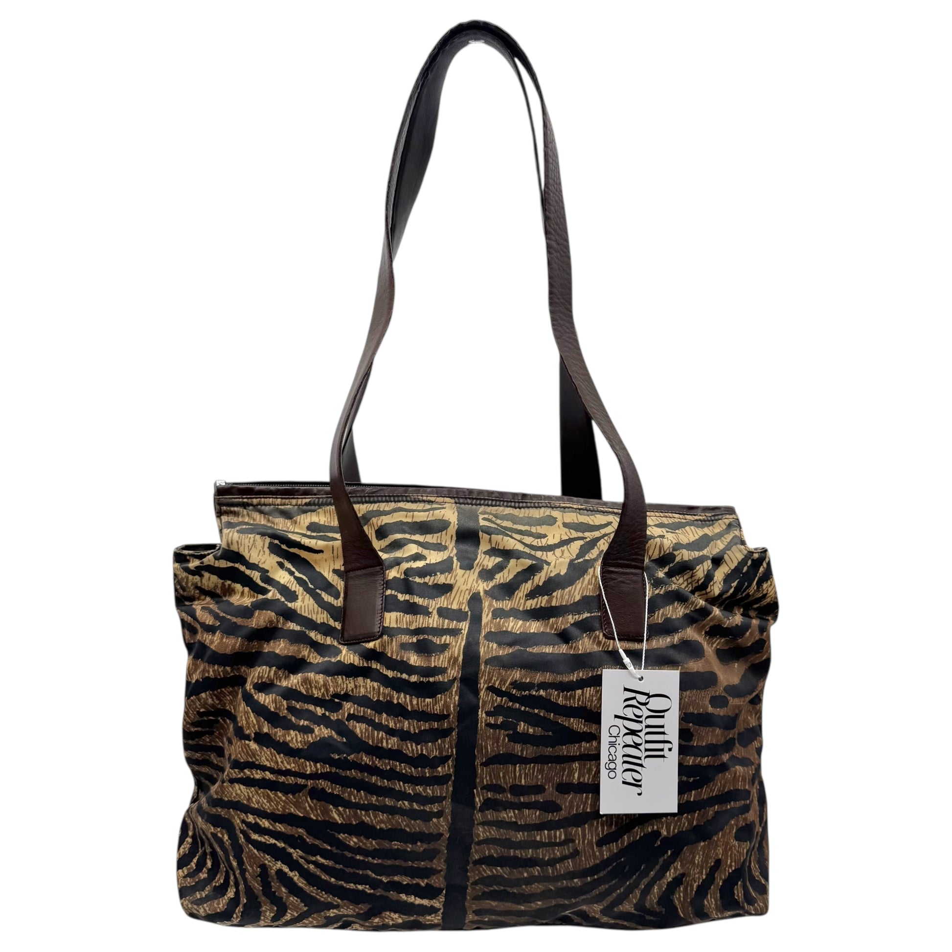Prada Brown Zebra Print Nylon & Leather Shoulder Tote Bag - Outfit Repeater