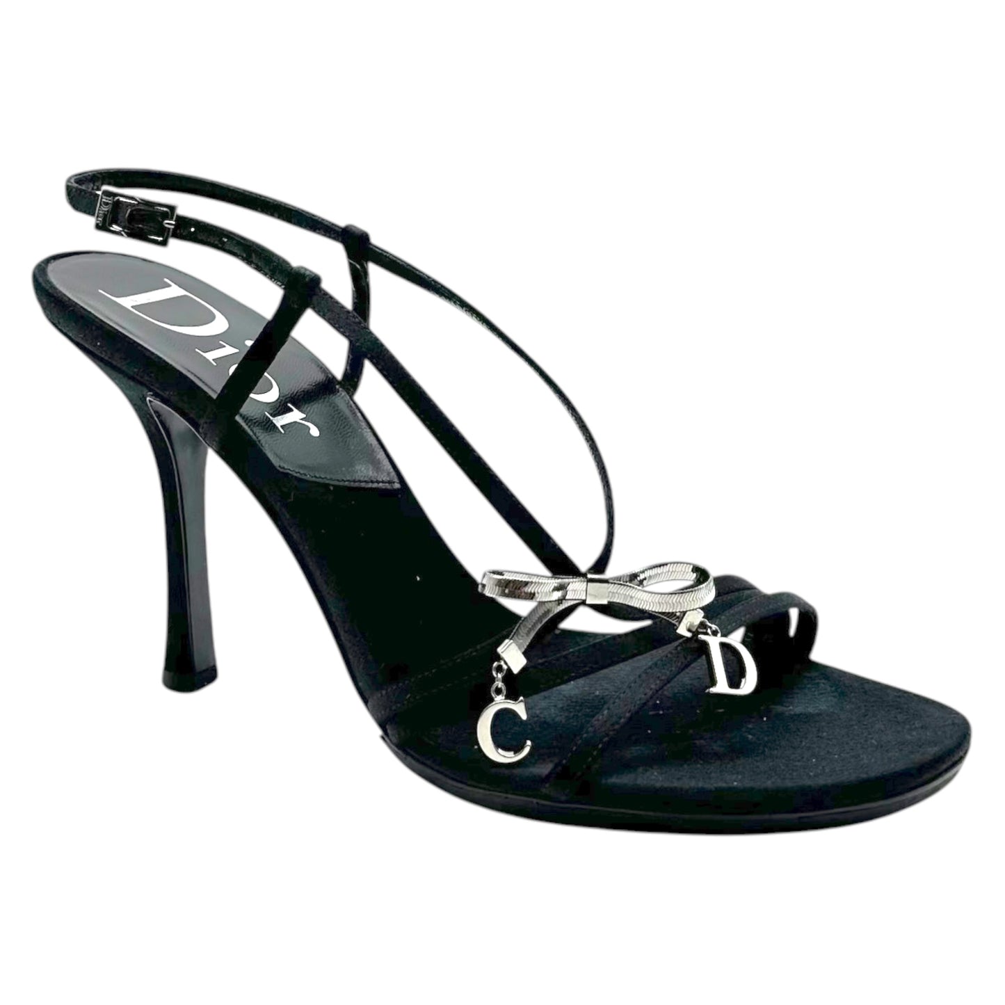Christian Dior Black & Silver Logo Bow Sandal Heels