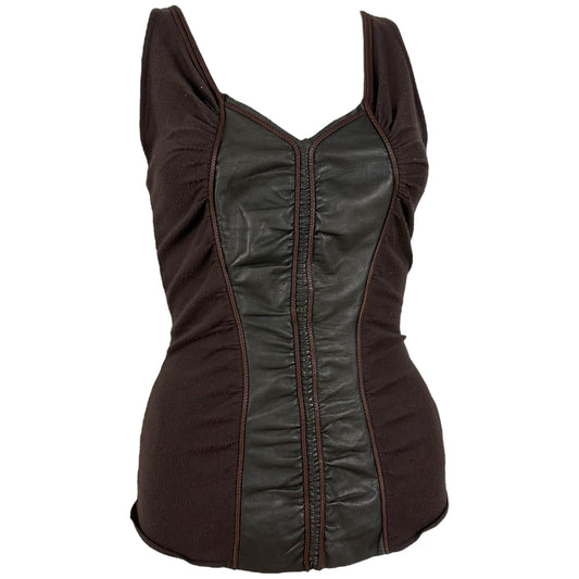 Roberto Cavalli 2003 Brown Leather Accent Ruched Tank Top