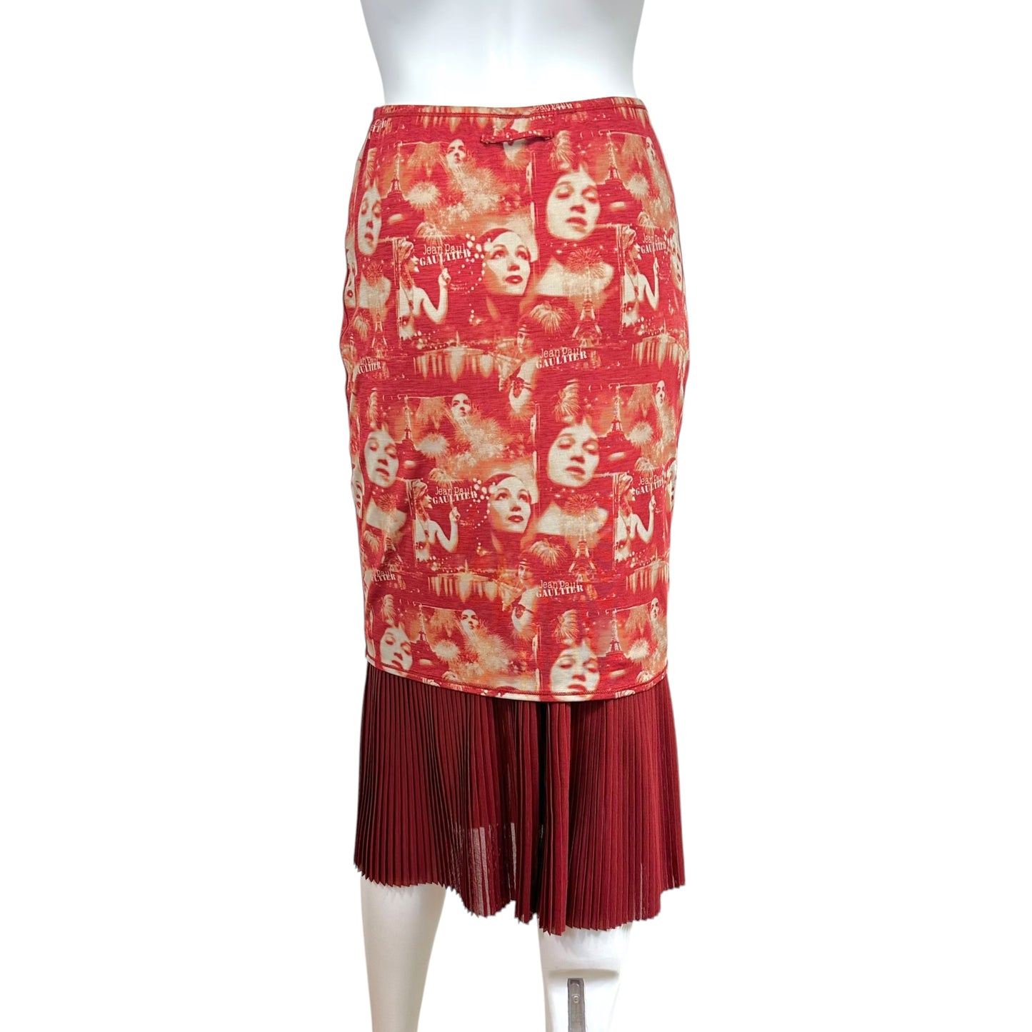 Jean Paul Gaultier Burgundy Face Print Pleated Hem Midi Skirt