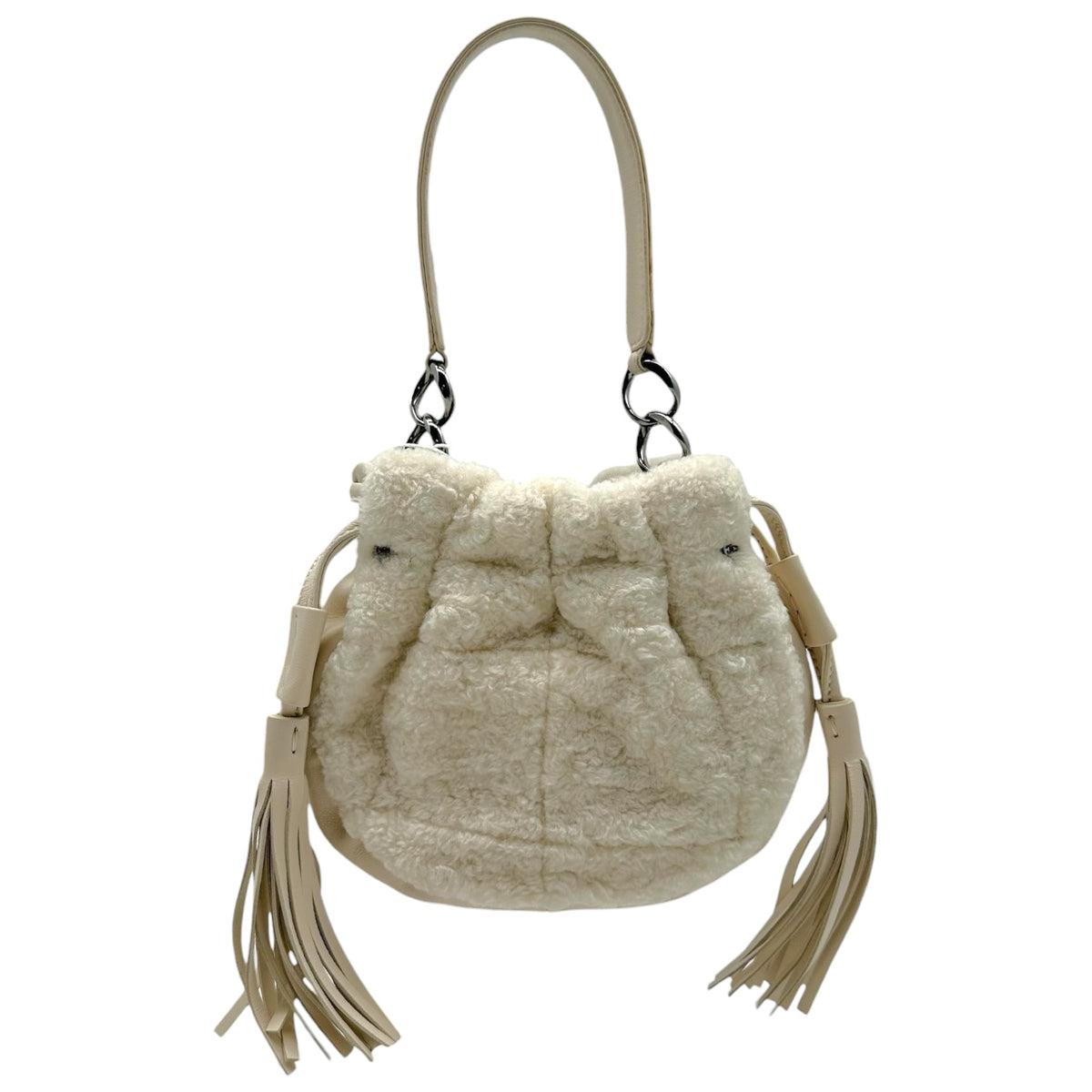 Chanel Ivory Shearling Fringe Drawstrimg Mini Bucket Handbag 2003-04