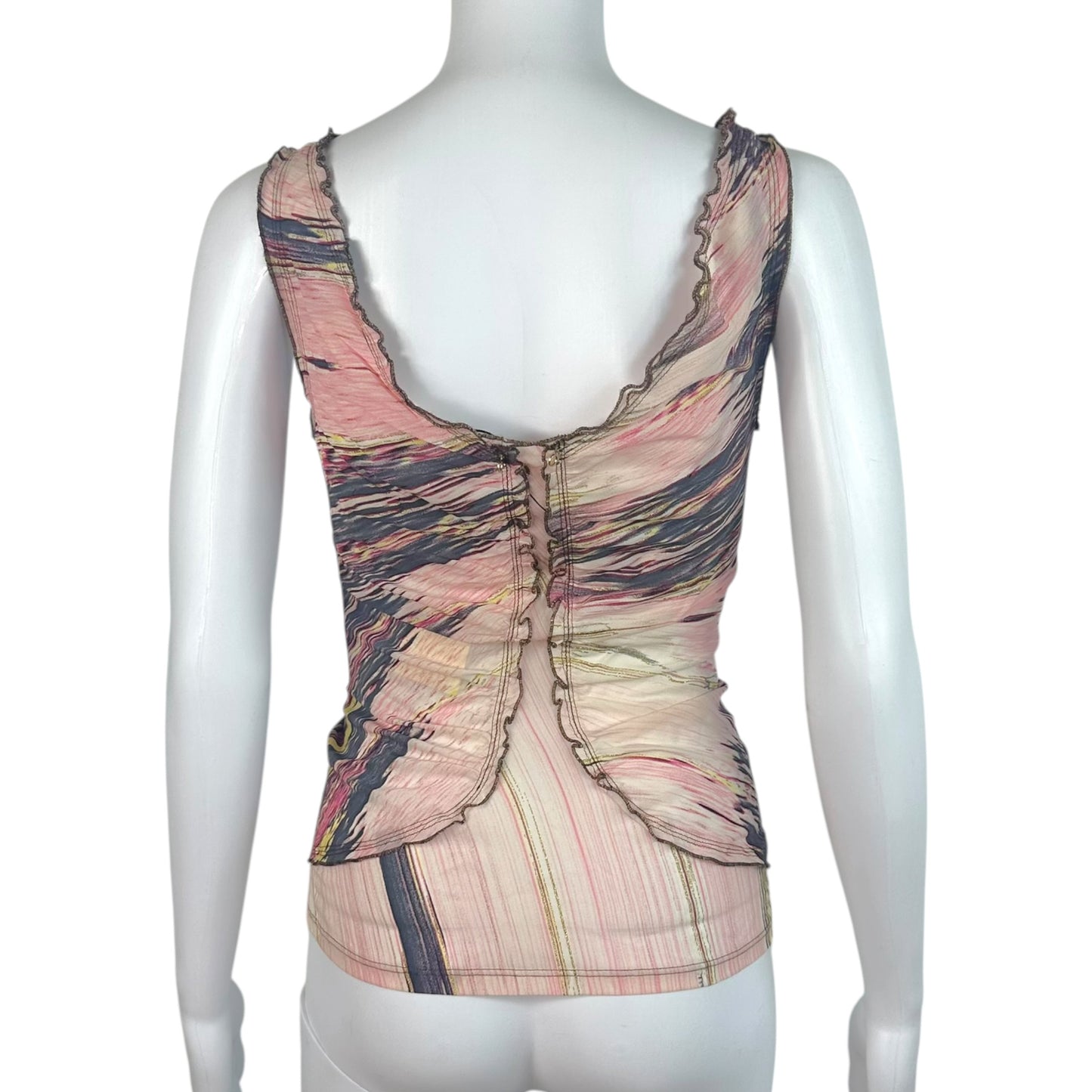 Roberto Cavalli Silk Tank Top Capri Pants Set Pink Multi Feather Print