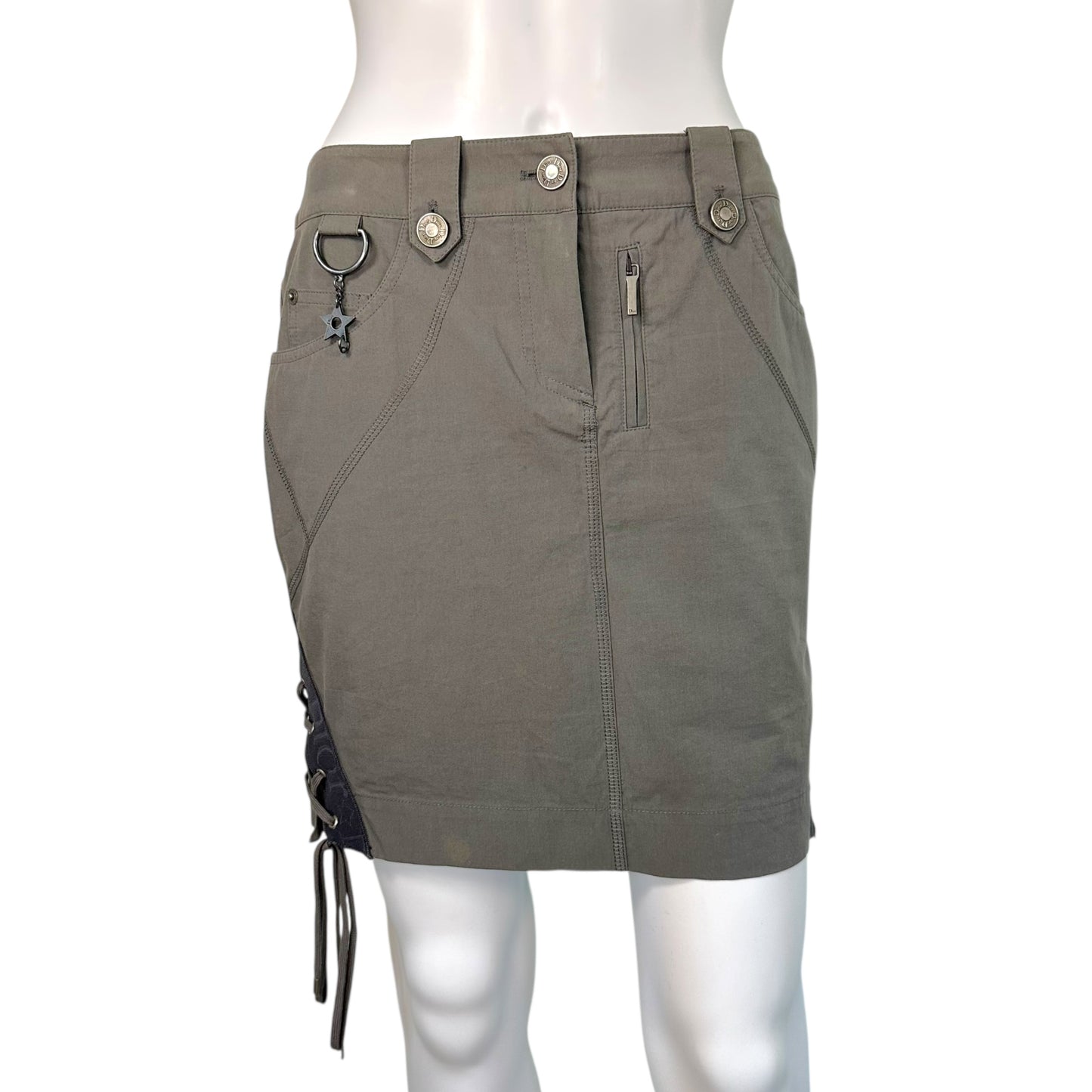 Christian Dior S/S 2004 Gray Lace Up Denim Midi Skirt