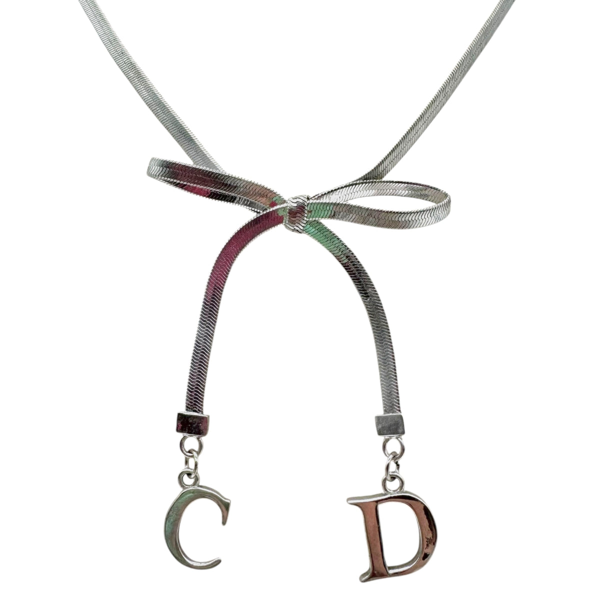 Christian Dior Silver CD Logo Bow Necklace