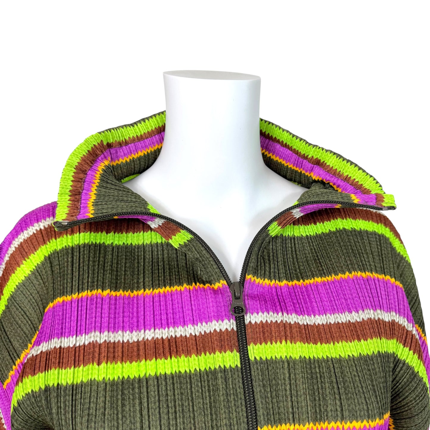 Issey Miyake Pleats Please Khaki Green & Purple Multi Striped Zip-Up Jacket Sz 3