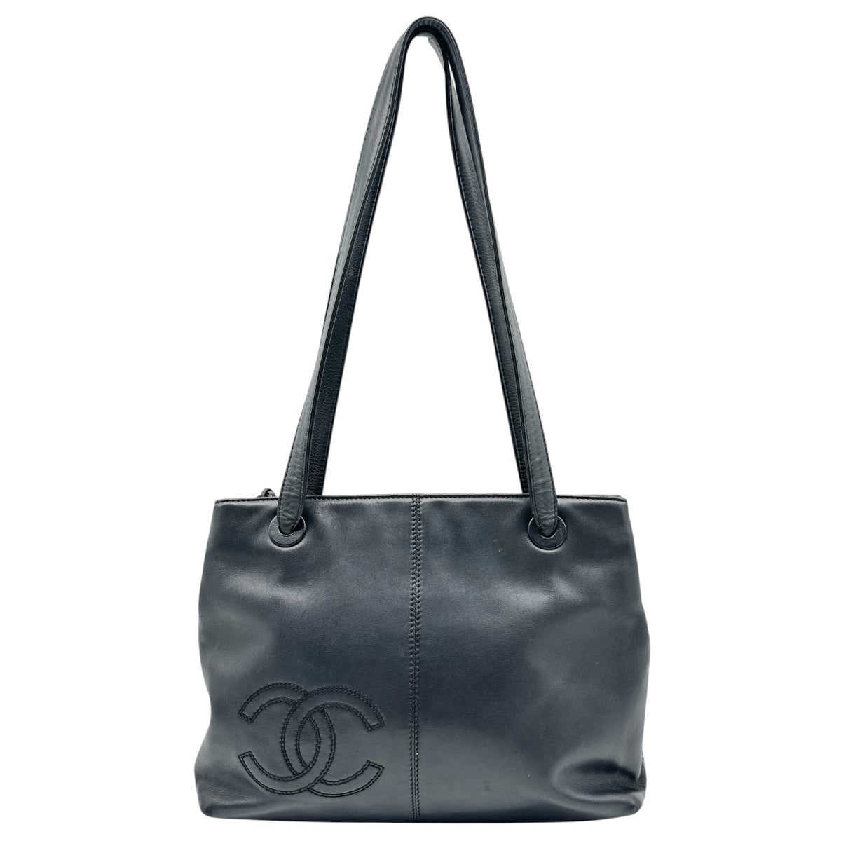 Chanel Black Leather Tote Shoulder Bag CC Logo 1990s