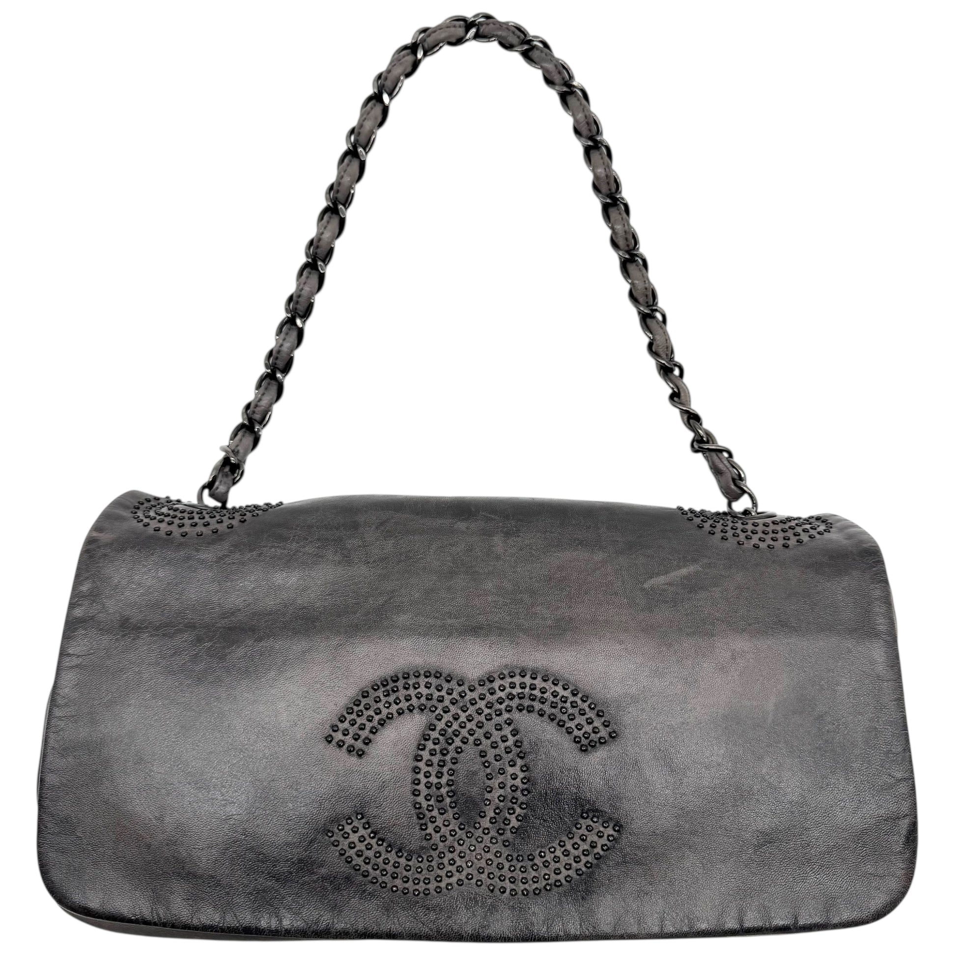 Chanel Gray & Black Studded CC Logo Lambskin Shoulder Bag 2008-09 - Outfit Repeater