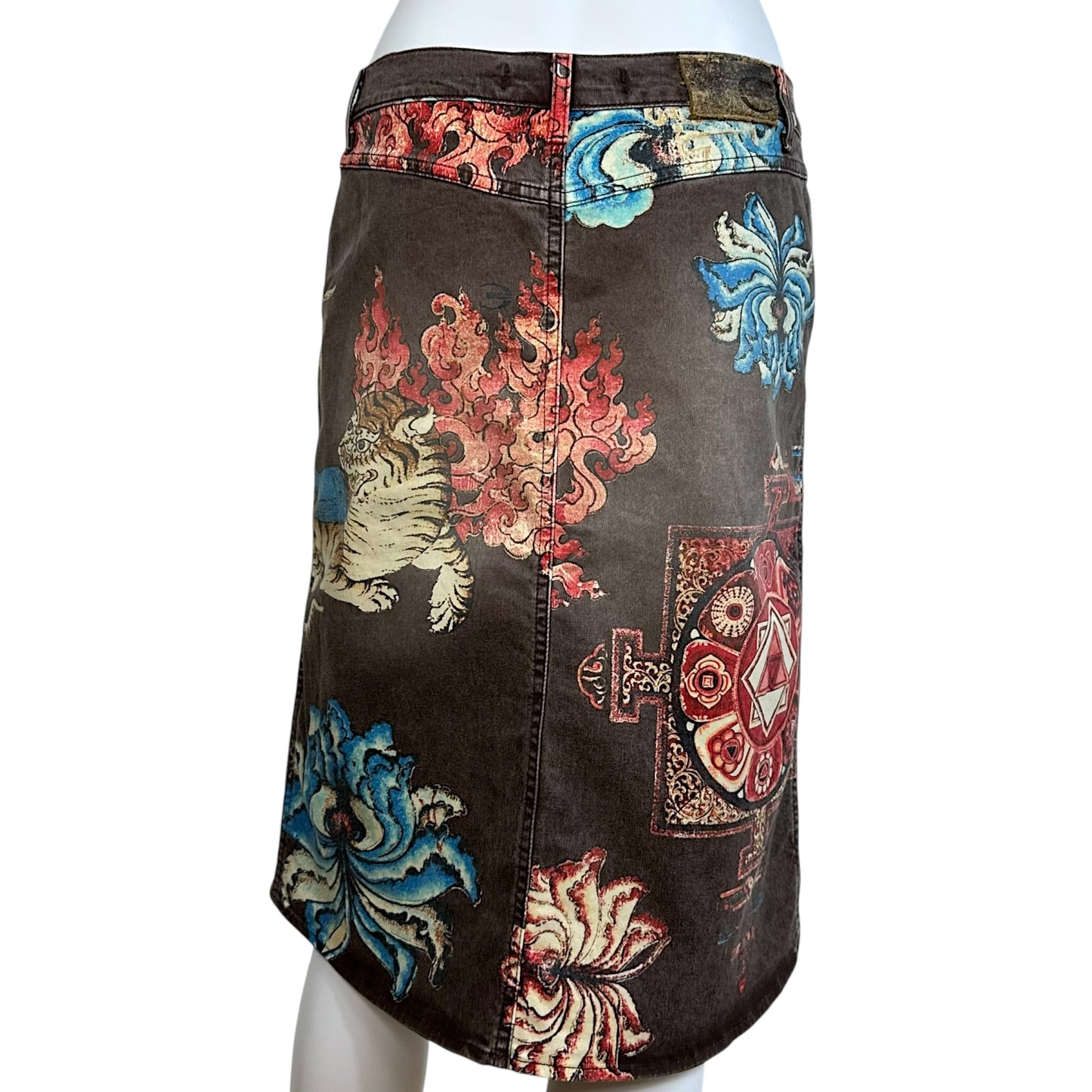 Just Cavalli Roberto Cavalli Asian Inspired Printed Denim Midi Skirt