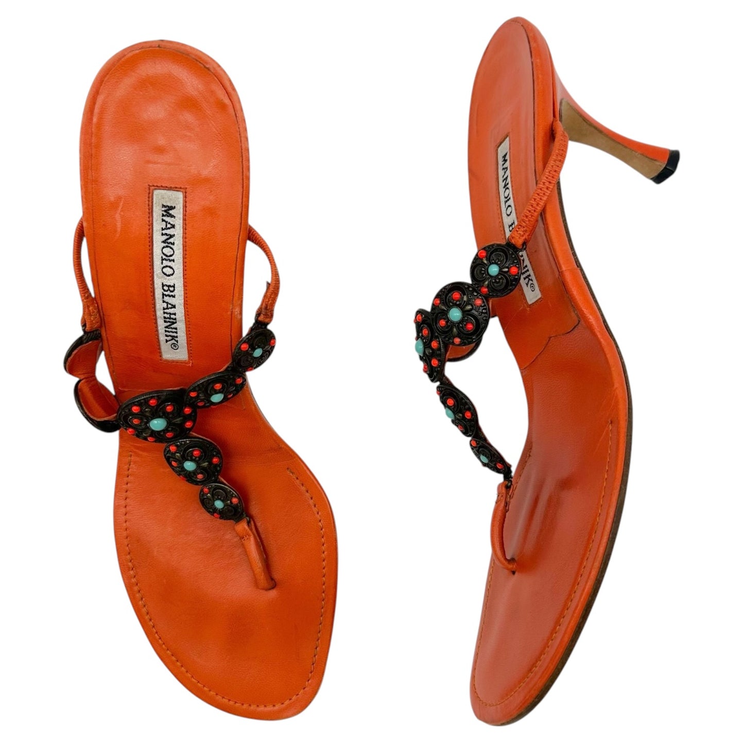 Manolo Blahnik Orange & Turquoise Beaded Kitten Heel Flip Flops