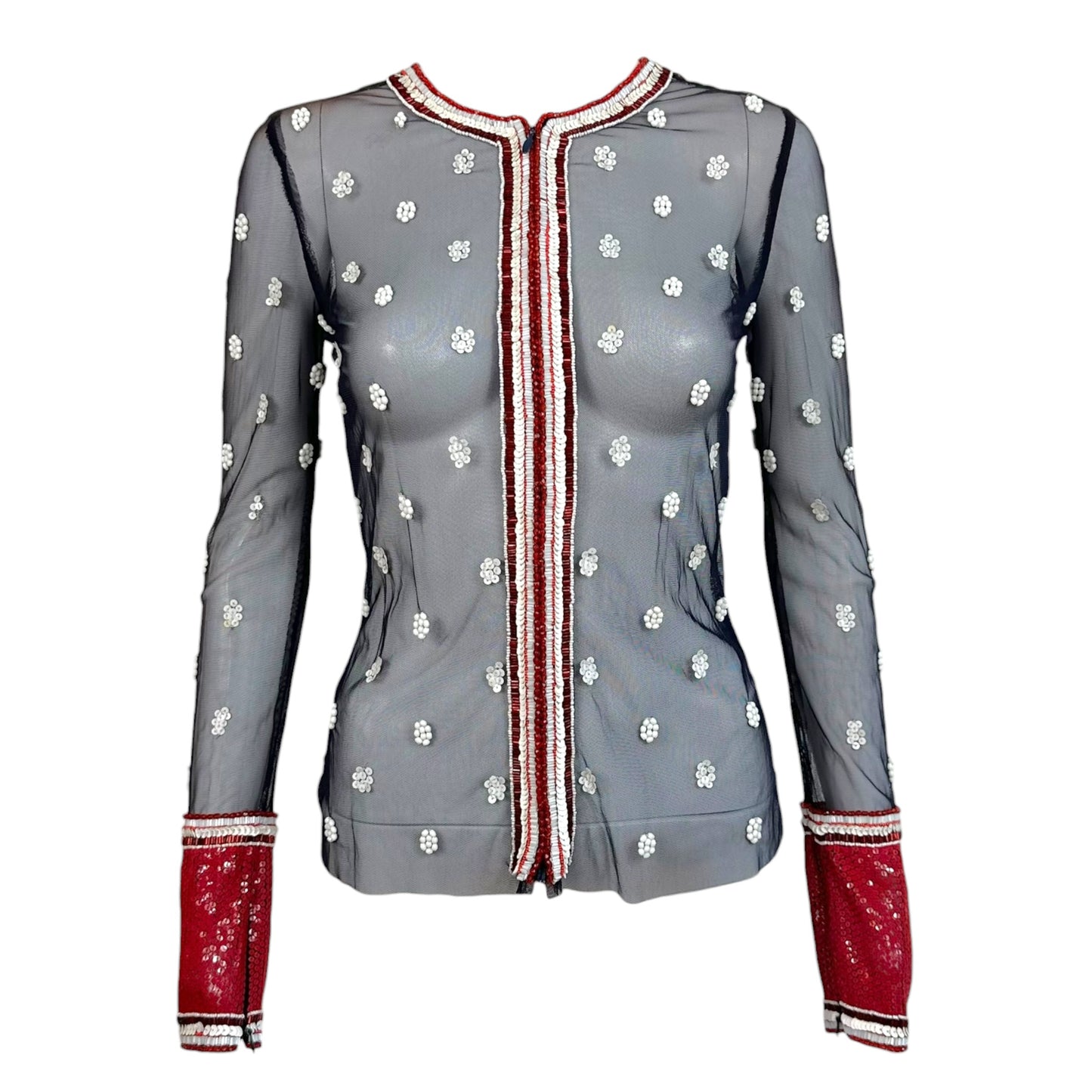 Gianfranco Ferre Red & White Sequin Beaded Navy Mesh Cardigan NEW