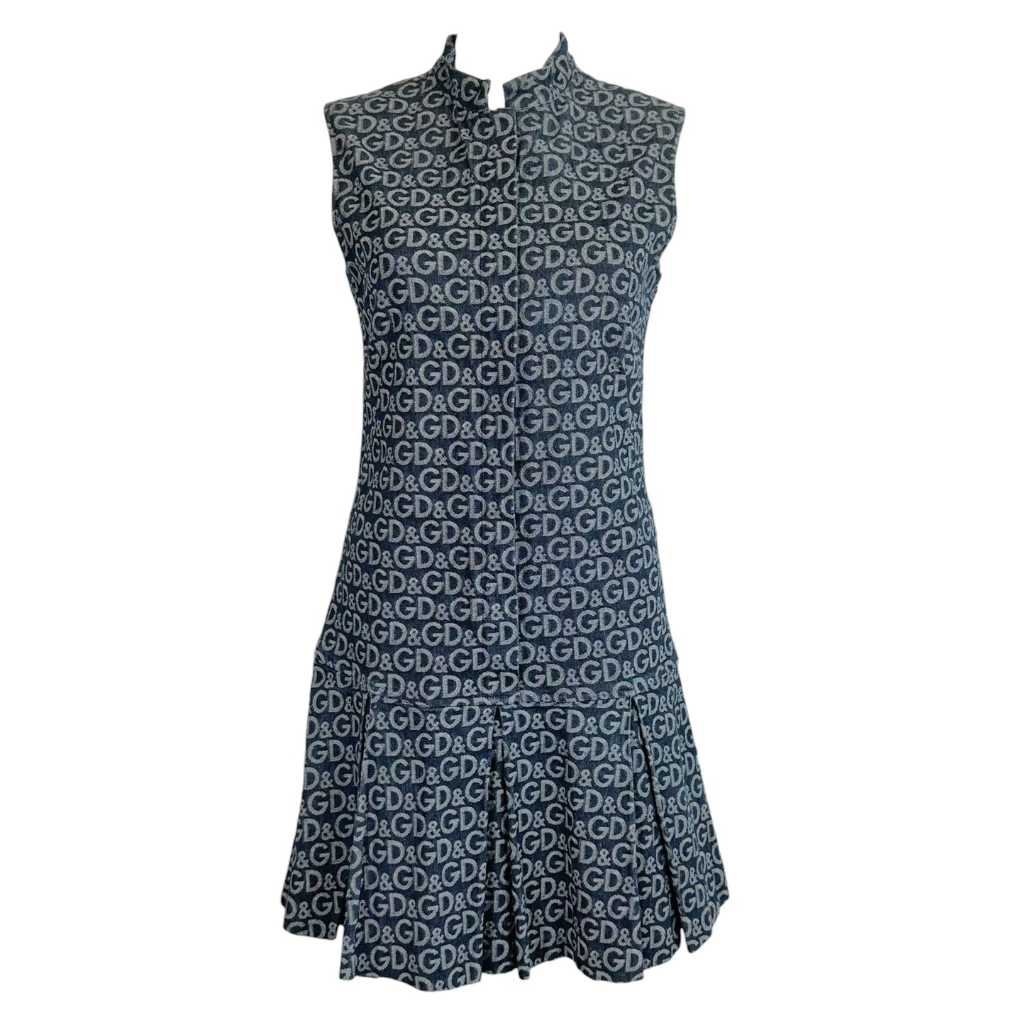 D&G Dolce & Gabbana Denim Logo Print Pleated Mini Dress
