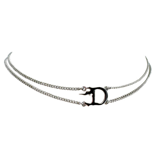 Christian Dior Silver D Logo Flame Choker Necklace