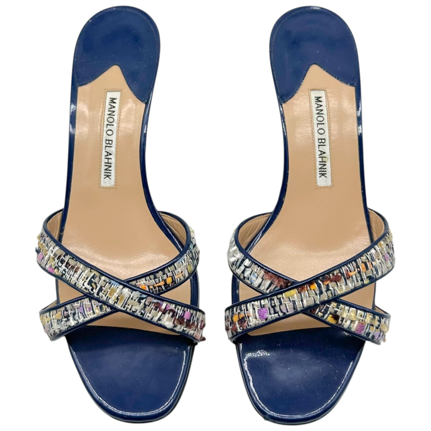 Manolo Blahnik Blue Patent & Multicolor Tweed Kitten Heel Sandal Mules
