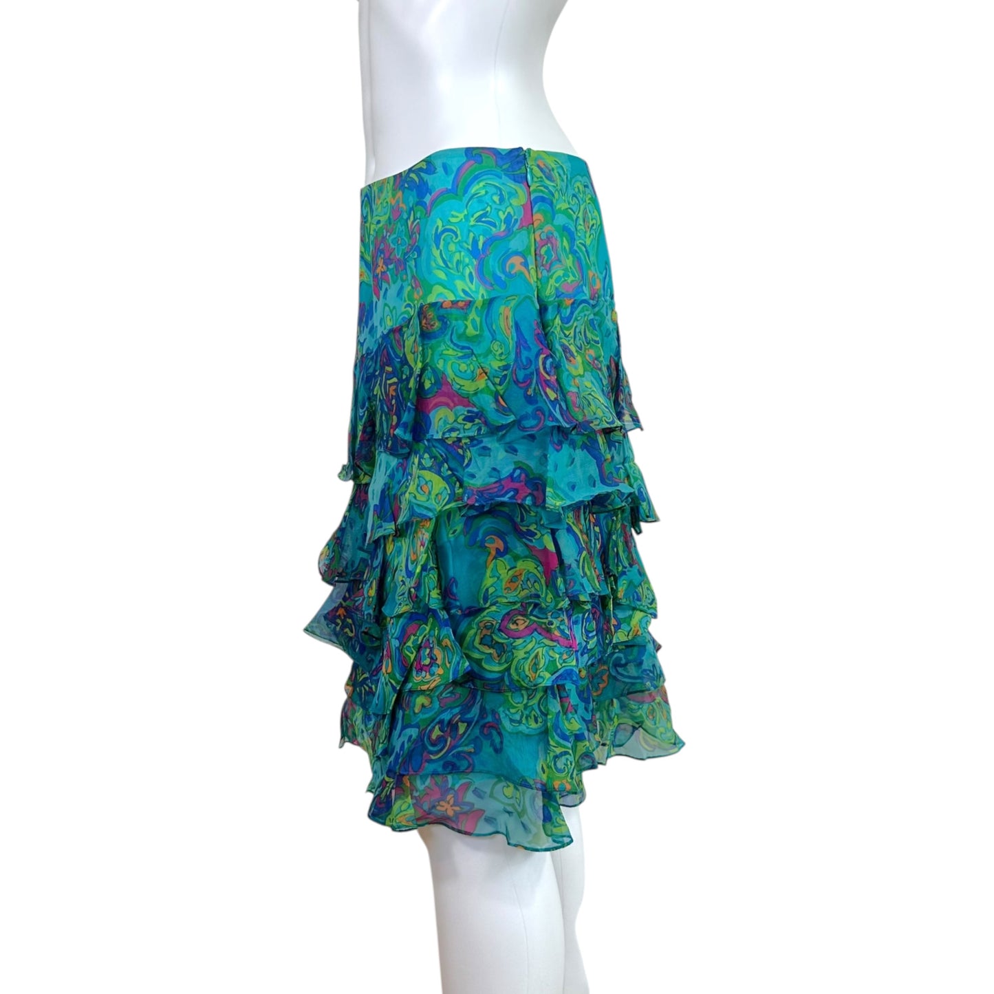 Ralph Lauren Black Label Turquoise Blue Paisley Print Silk Tiered Midi Skirt