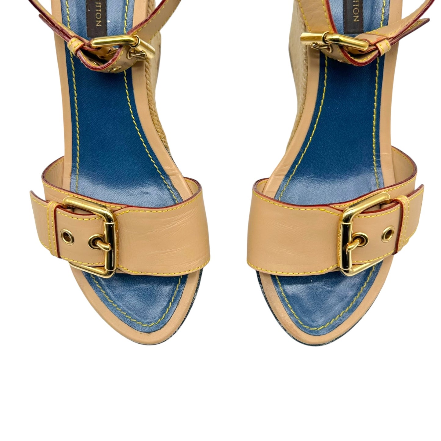 Louis Vuitton Denim Monogram & Raffia Heeled Wedge Sandals