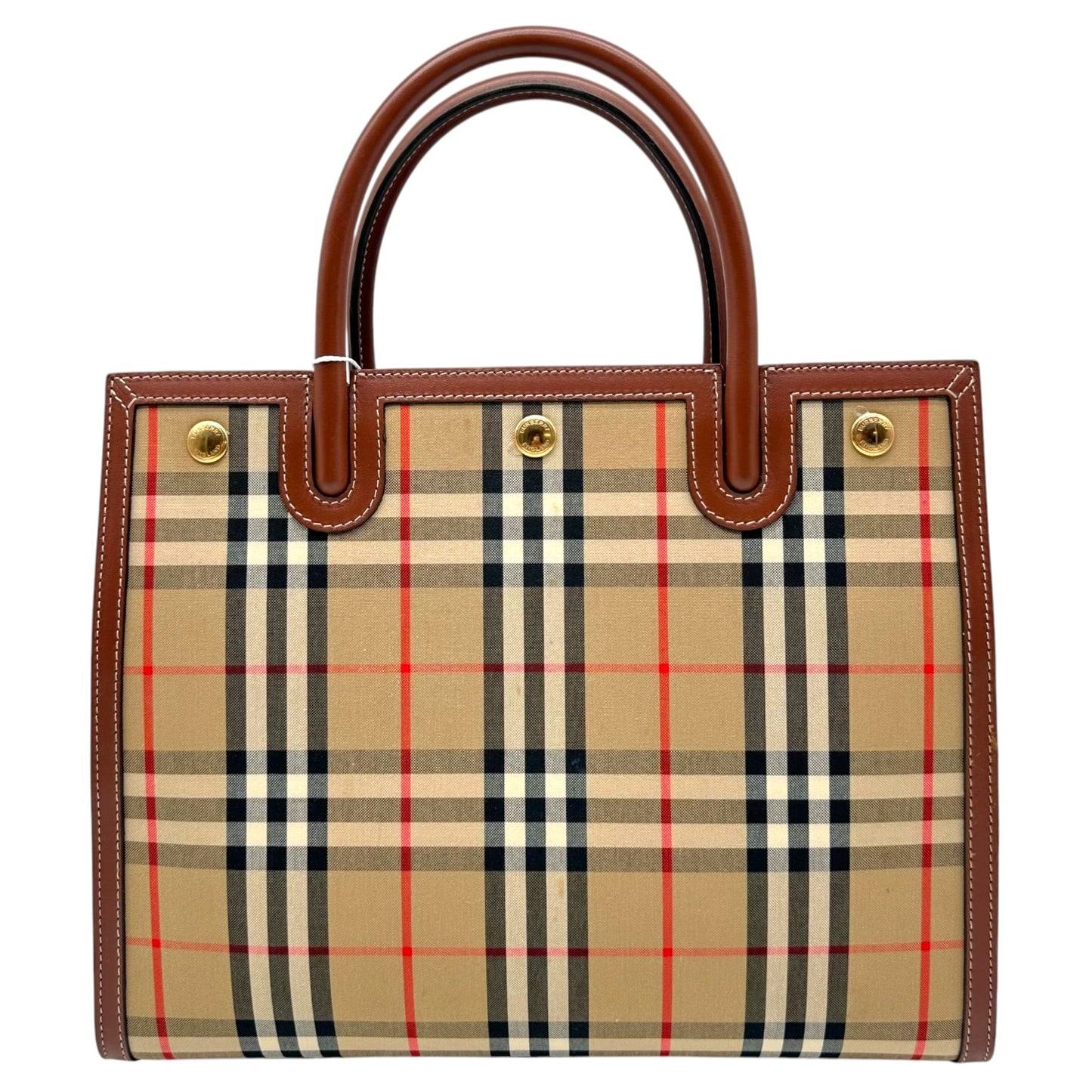 Burberry Brown Leather Nova Check Plaid Tote Handbag
