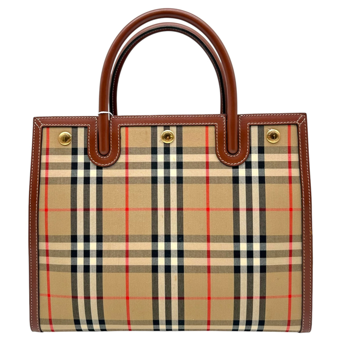 Burberry Brown Leather Nova Check Plaid Tote Handbag