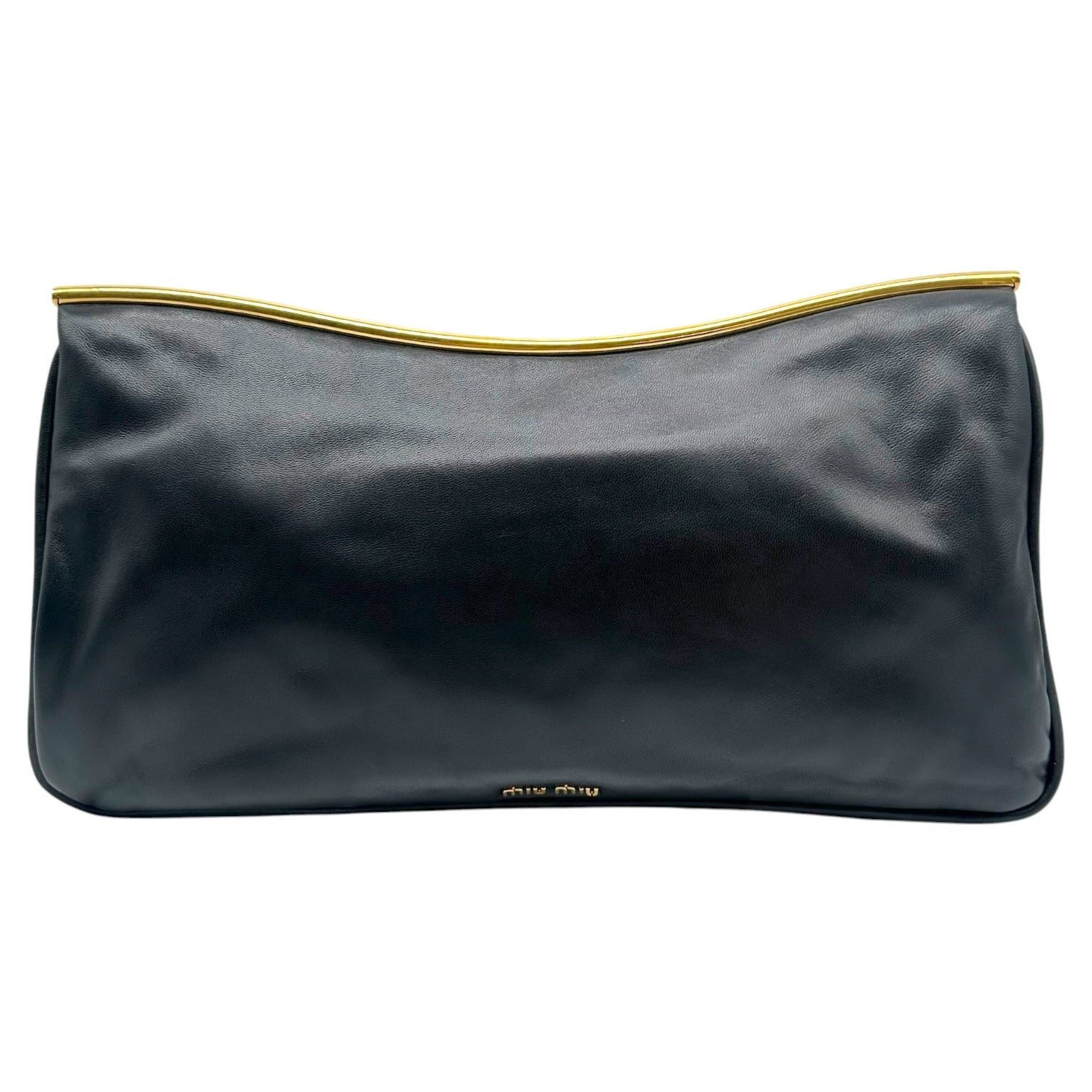 Miu Miu Black Leather Large Clutch Bag with Gold Hardware