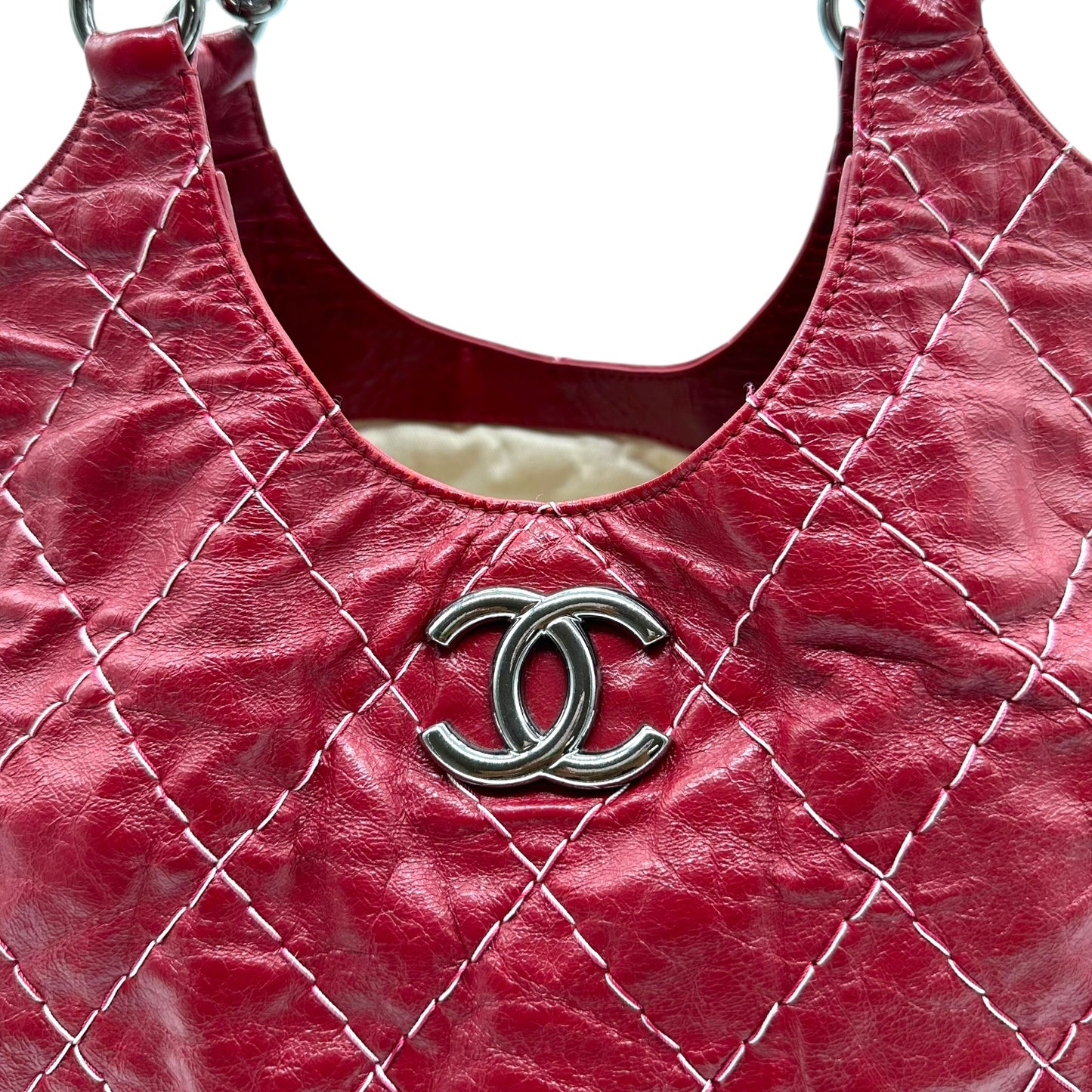 Chanel Red Goatskin Contrast Stitch Hobo Bag